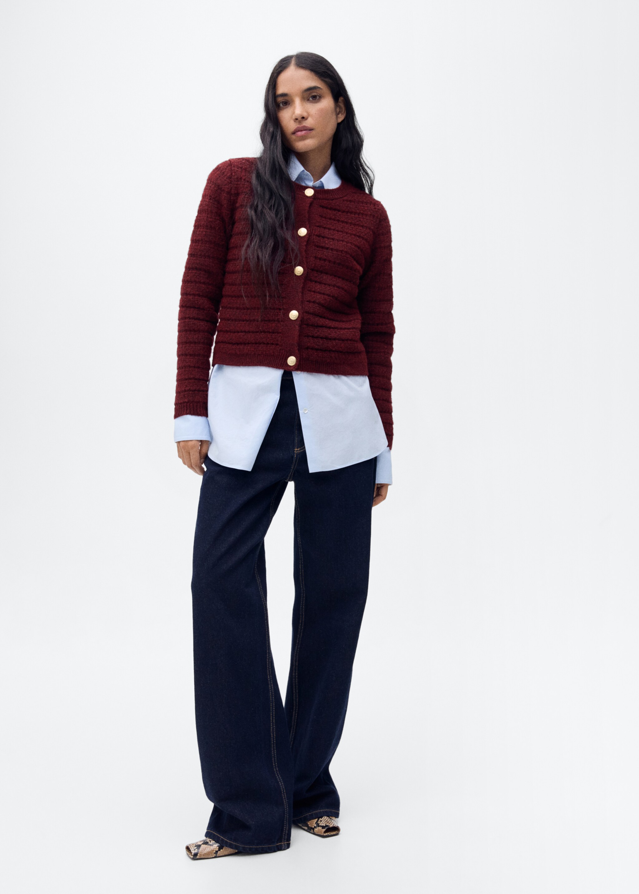 Knitted jacket with openwork details - General plane, Wine. Ref: 87014095-00.