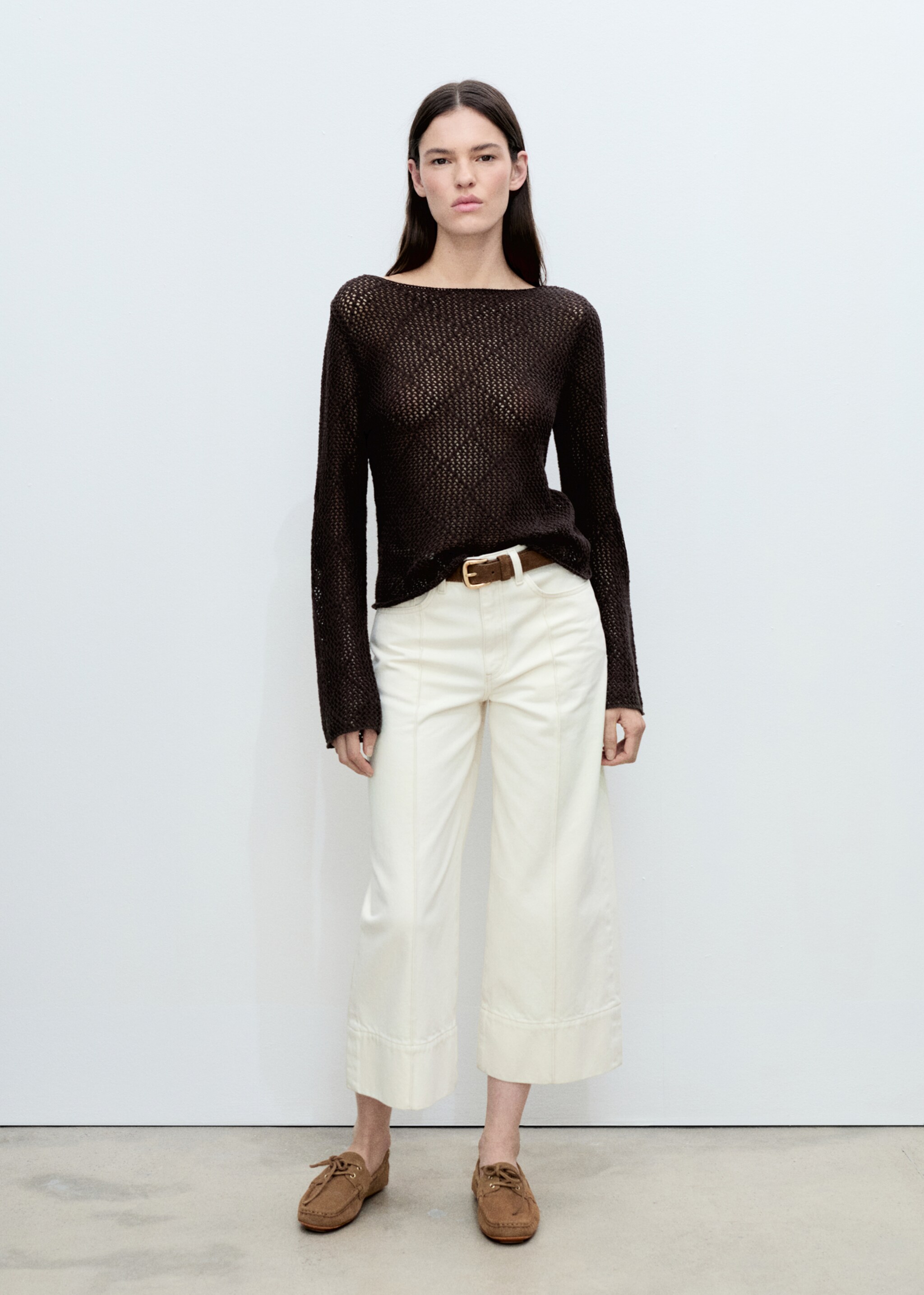 Openwork knitted cotton sweater - General plane, Chocolate. Ref: 87015755-00.
