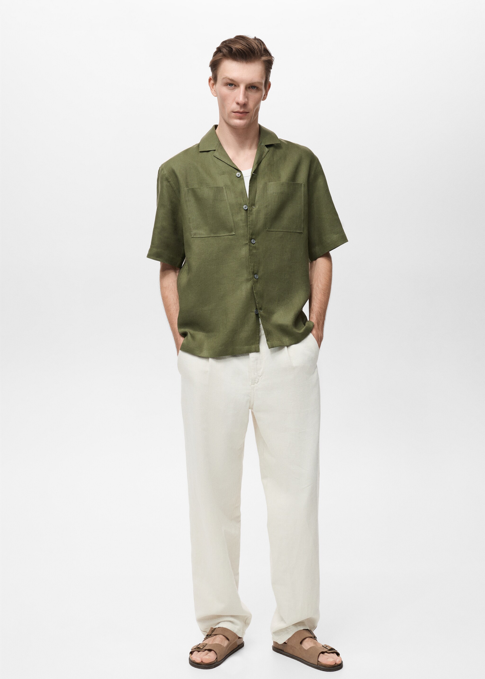 Overhemd 100% linnen met bowlingboord - Overzichtstekening, Groen. Ref: 87015954-00.