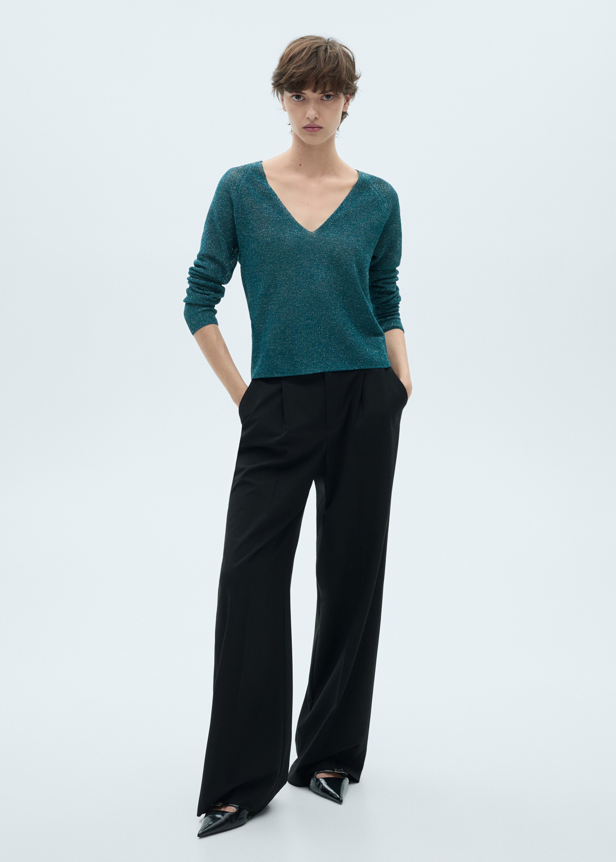 V-neck lurex sweater - General plane, Green. Ref: 87020436-00.