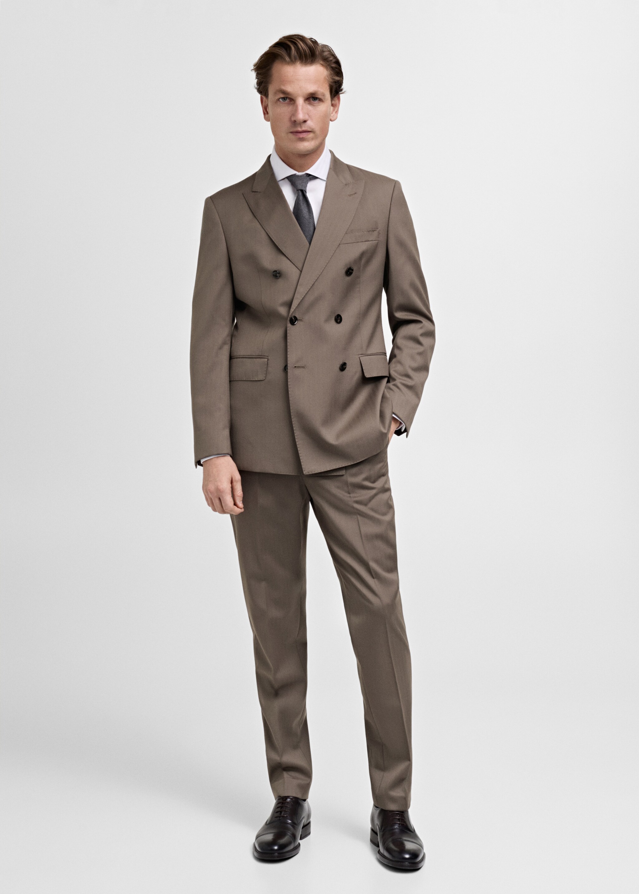 100% wool double-breasted herringbone suit jacket - General plane, Medium Brown. Ref: 87020589-00.