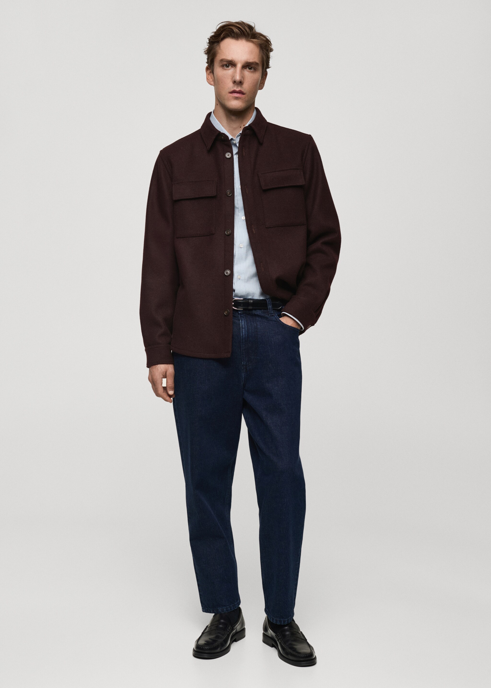Flannel wool overshirt with pockets - General plane, Burgundy. Ref: 87020598-00.
