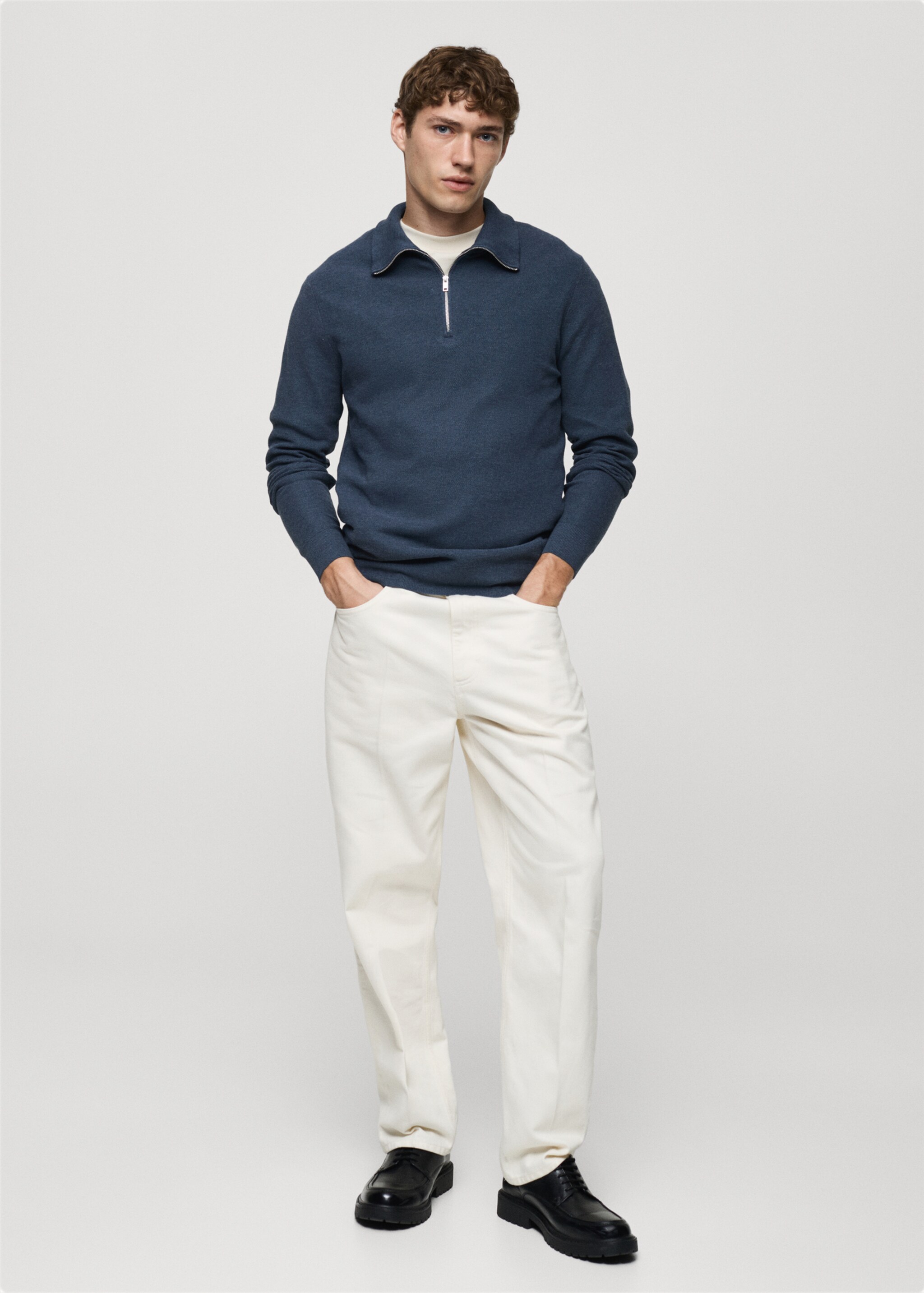 Πουλόβερ μικροδομή φερμουάρ στον γιακά - Γενικό πλάνο, Μπλε Λουλακί. Ref: 87020600-00.