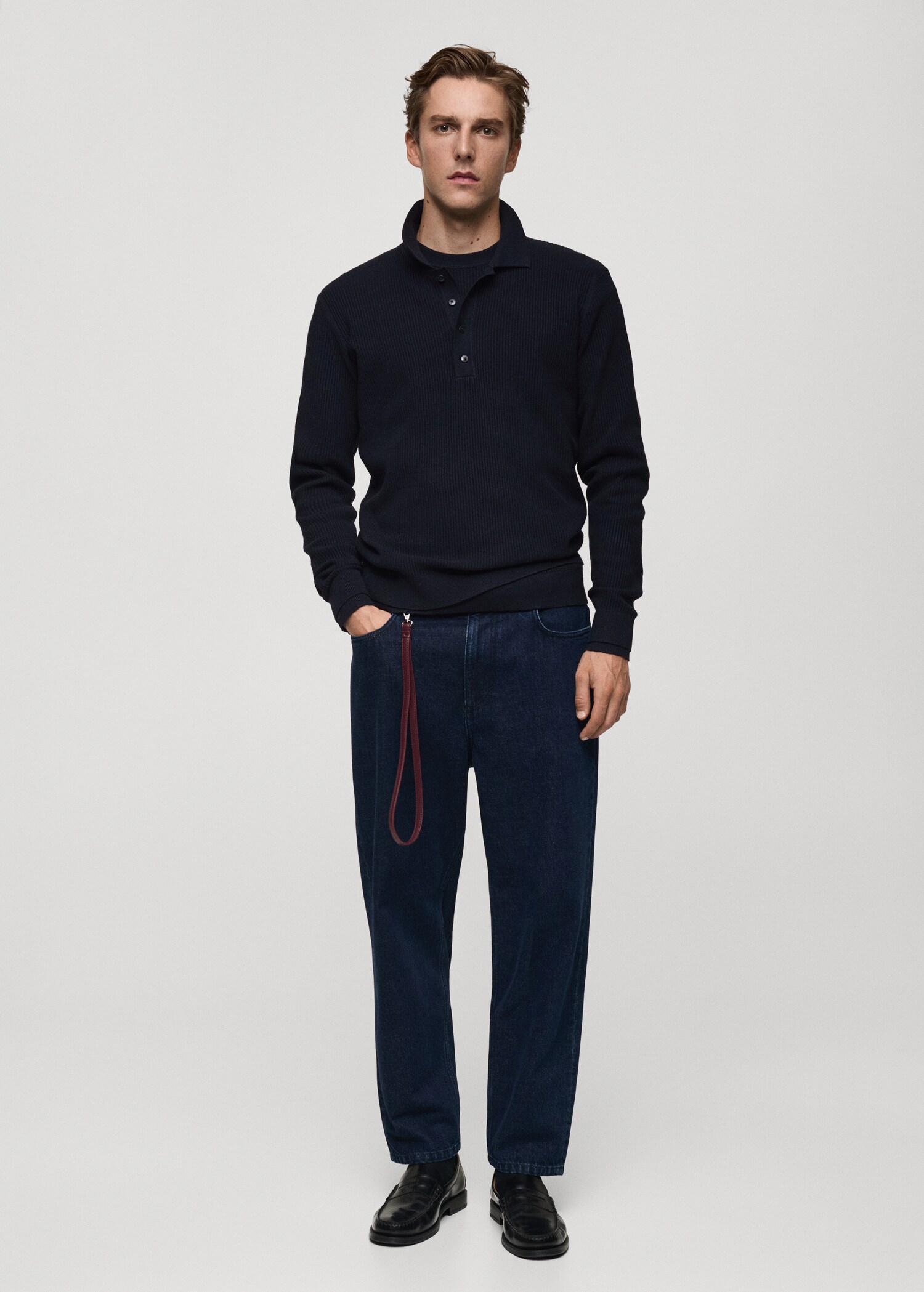 Cotton-blend ribbed polo sweater - General plane