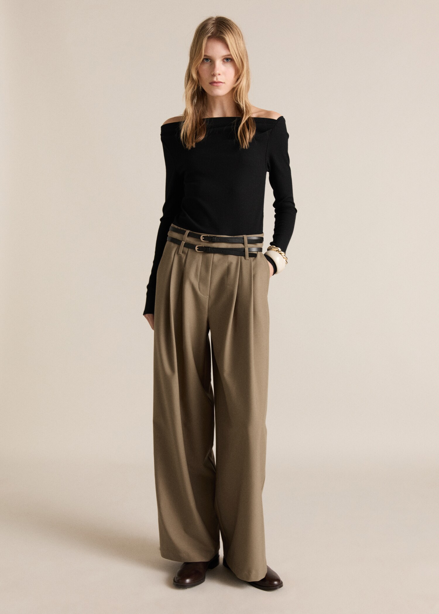 Combined-fabric jumpsuit with belt - General plane