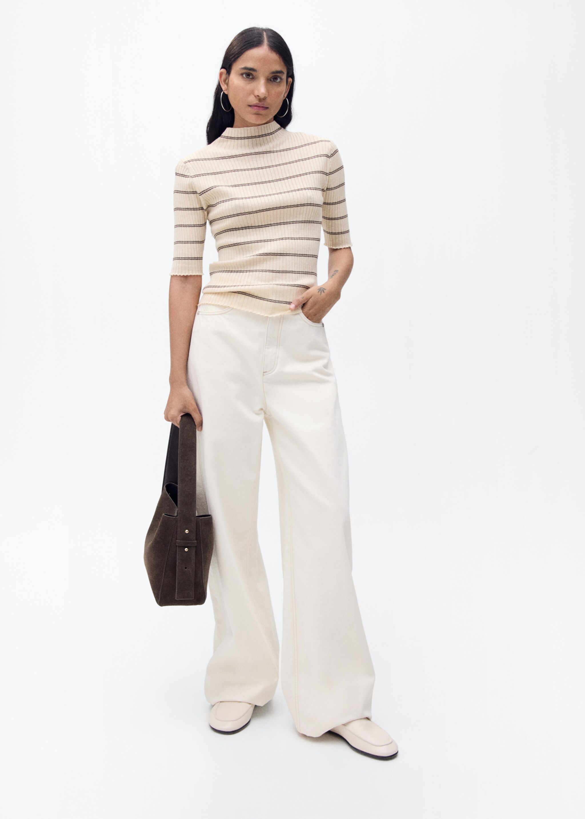 Rippstrickpullover mit halbhohem Kragen - Allgemeine Ansicht, Mittelbraun. Ref: 87025751-00.