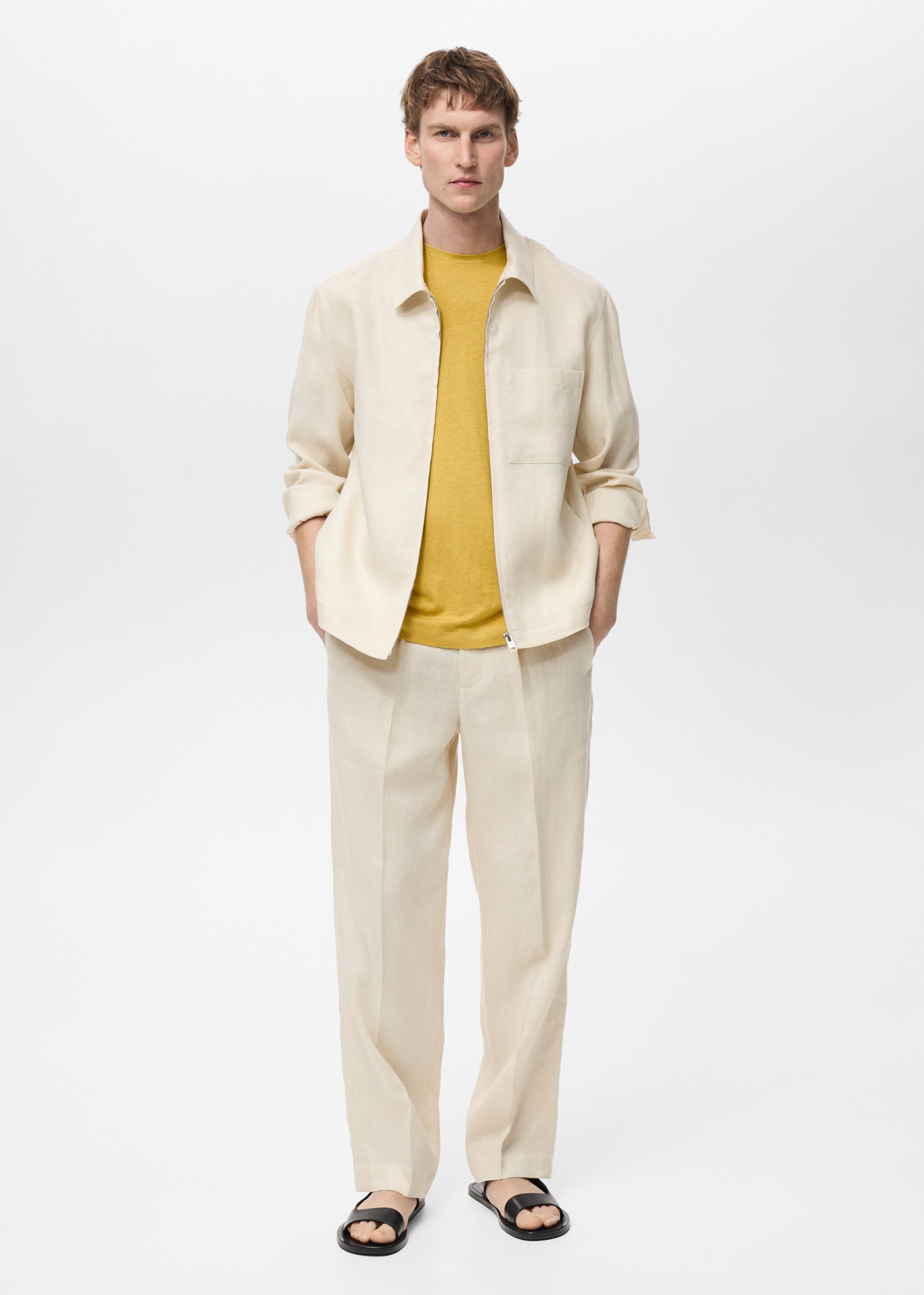Chaqueta 100% lino cremallera - Plano general, Blanco marfil. Ref: 87025921-00.