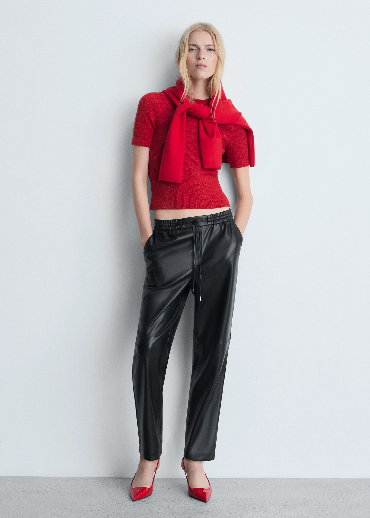 Faux-leather trousers with elastic waist - General plane