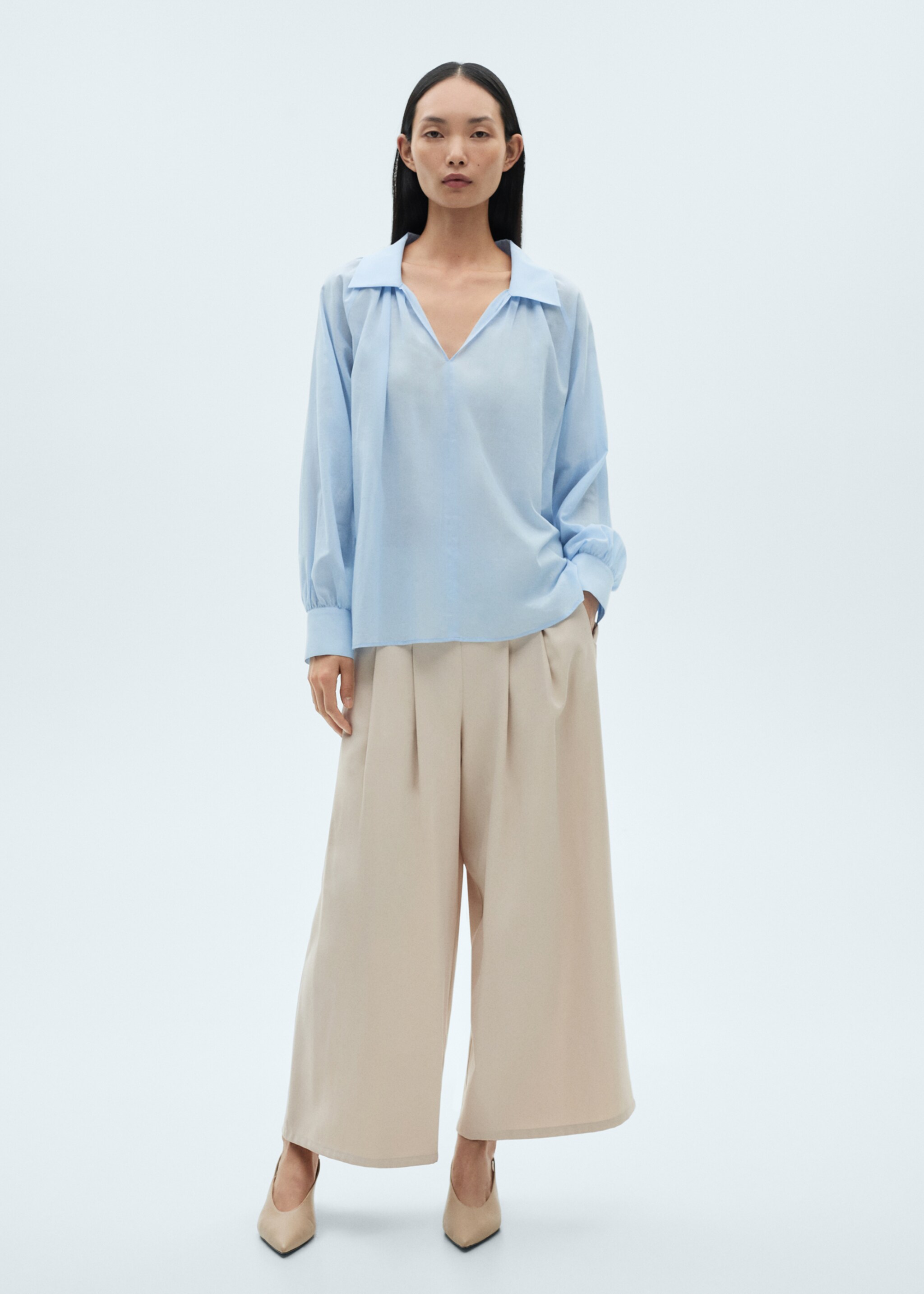 Puffed sleeves cotton blouse - General plane, Blue. Ref: 87030585-00.