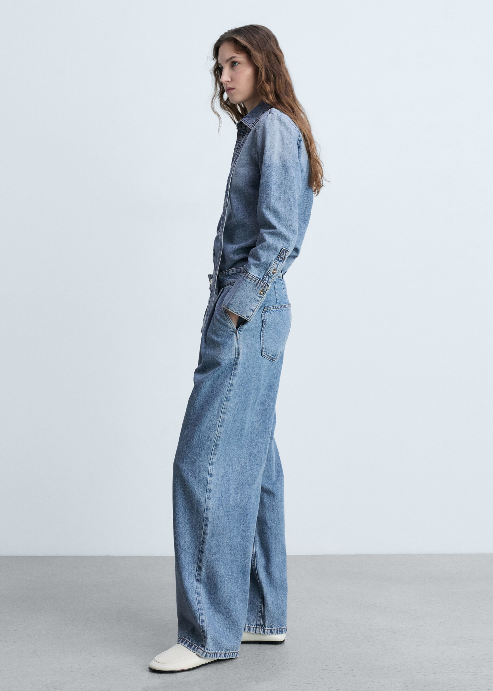 Wide-leg pleated jeans - General plane, Medium Blue. Ref: 87033279-00.