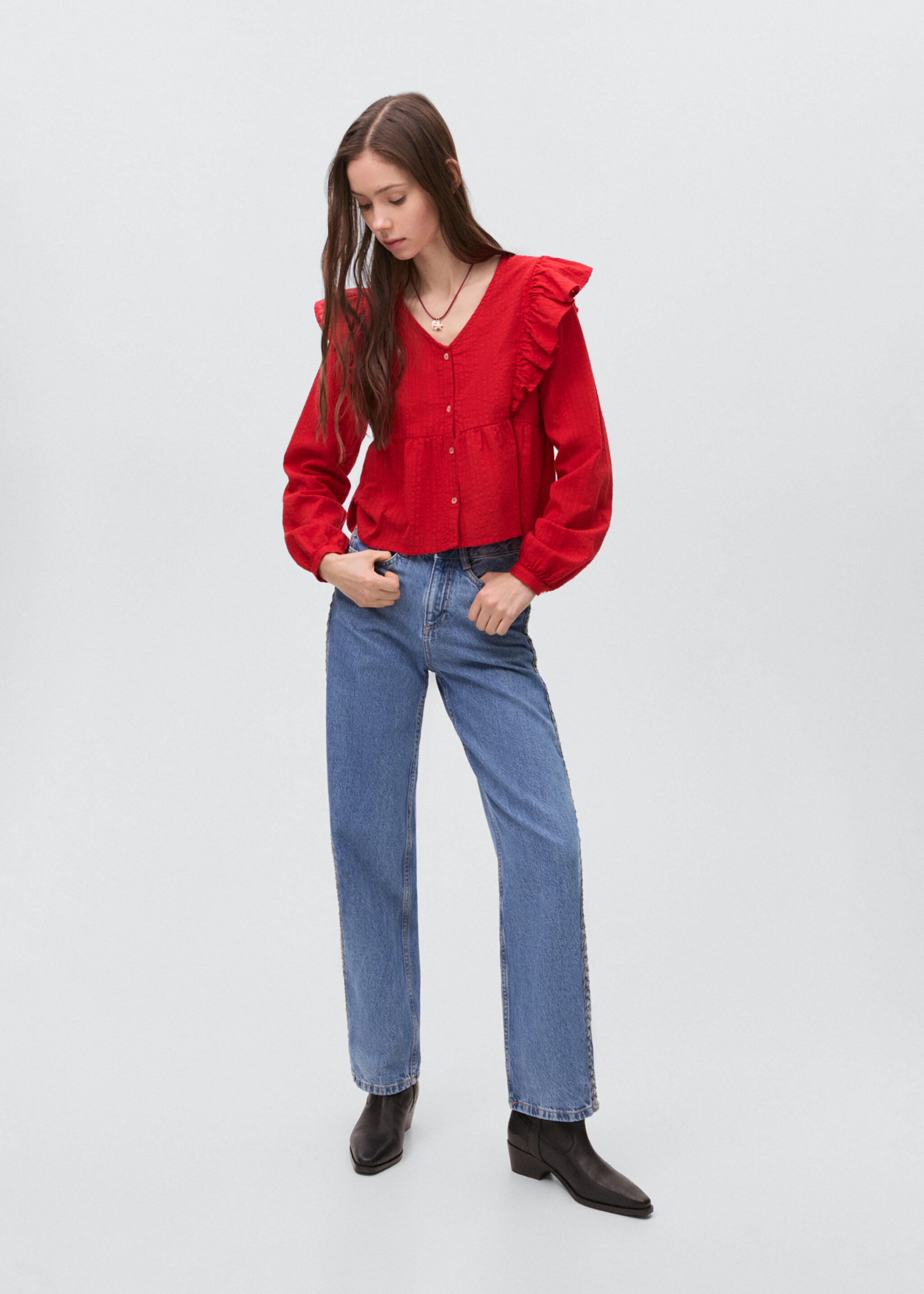 Bluse mit gerüschten Schultern - Allgemeine Ansicht, Rot. Ref: 87033281-00.