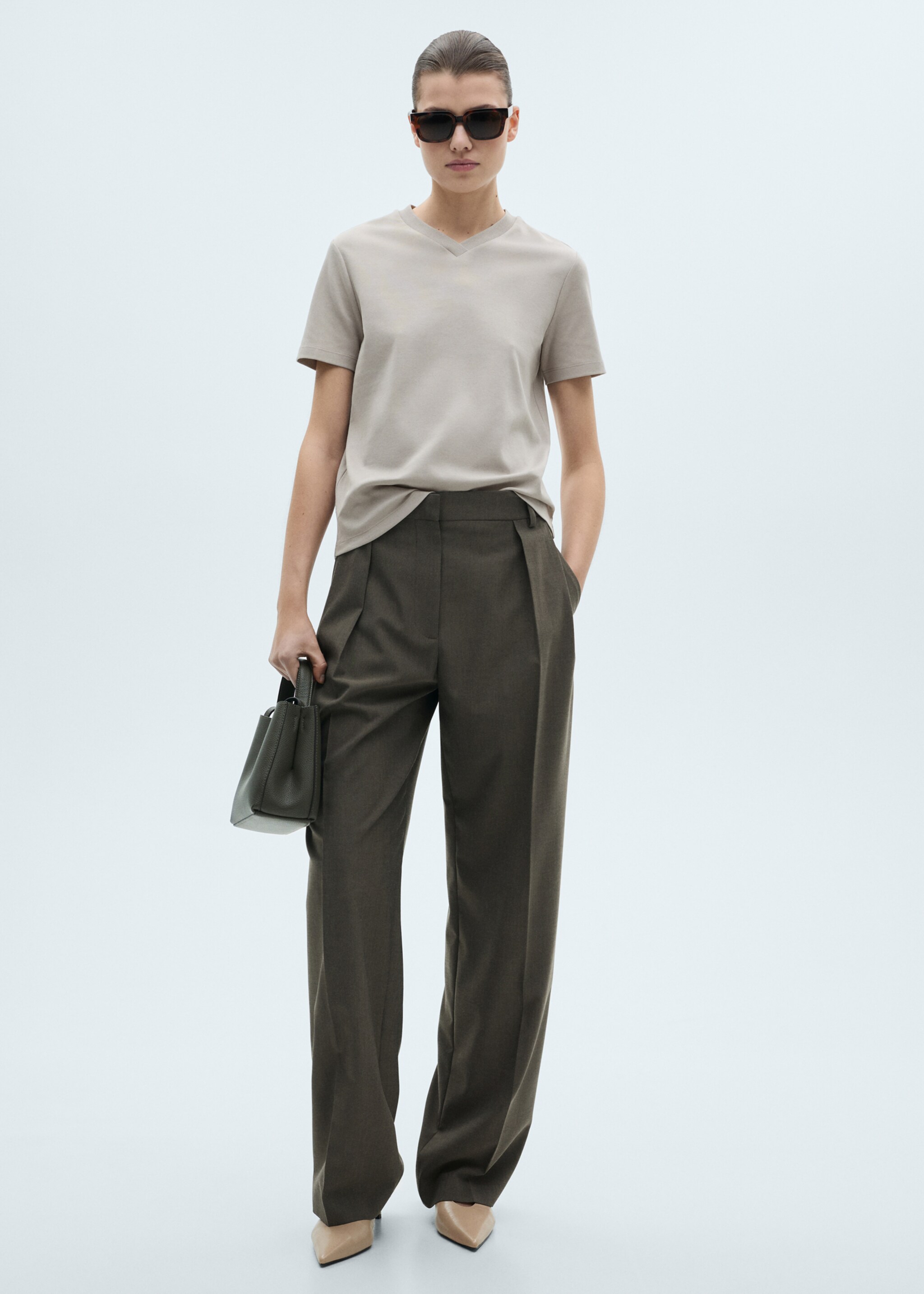 V-neck cotton T-shirt - General plane, Medium Brown. Ref: 87034079-00.