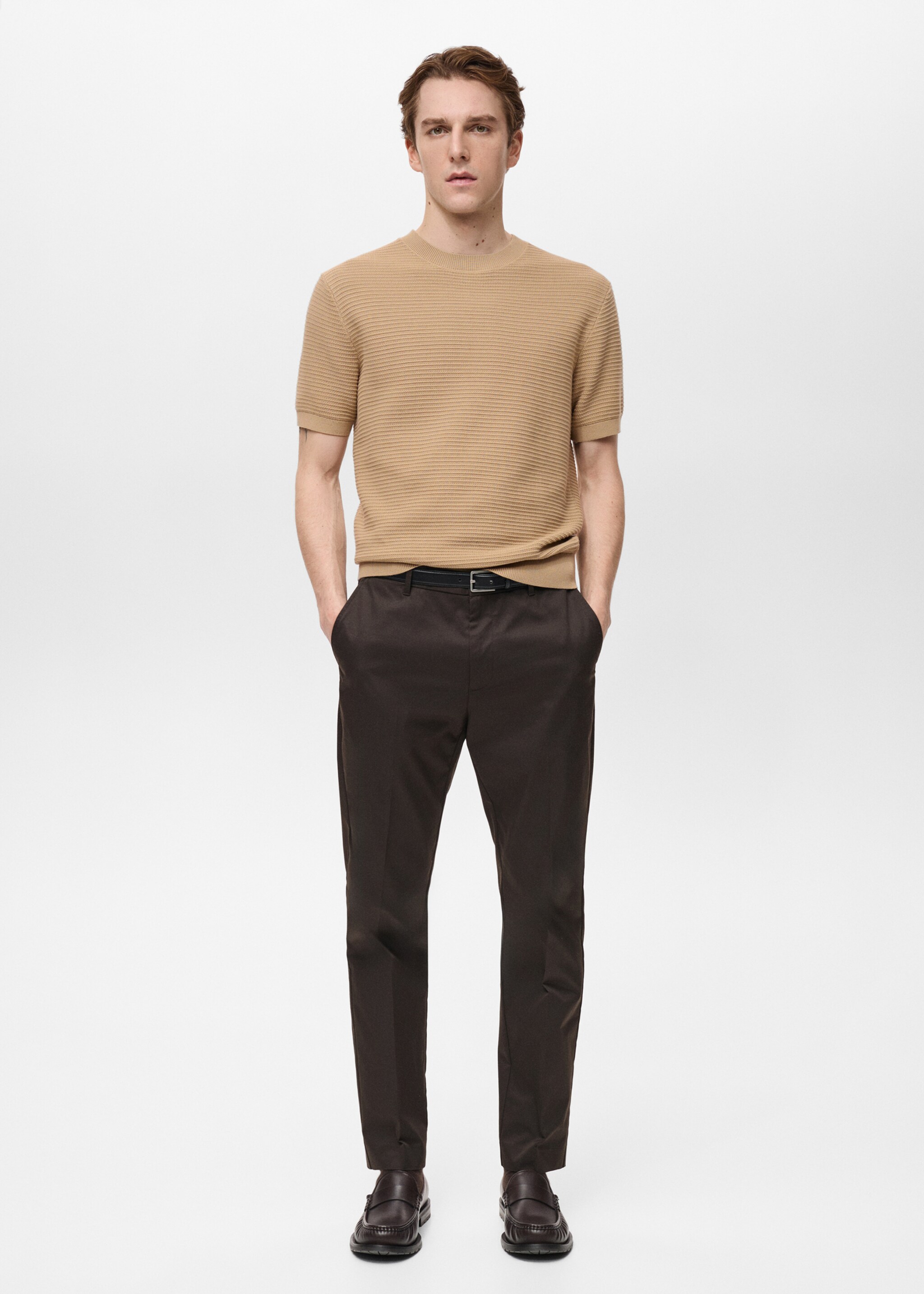 Structure thin knitwear t-shirt - General plane, Medium Brown. Ref: 87034412-00.