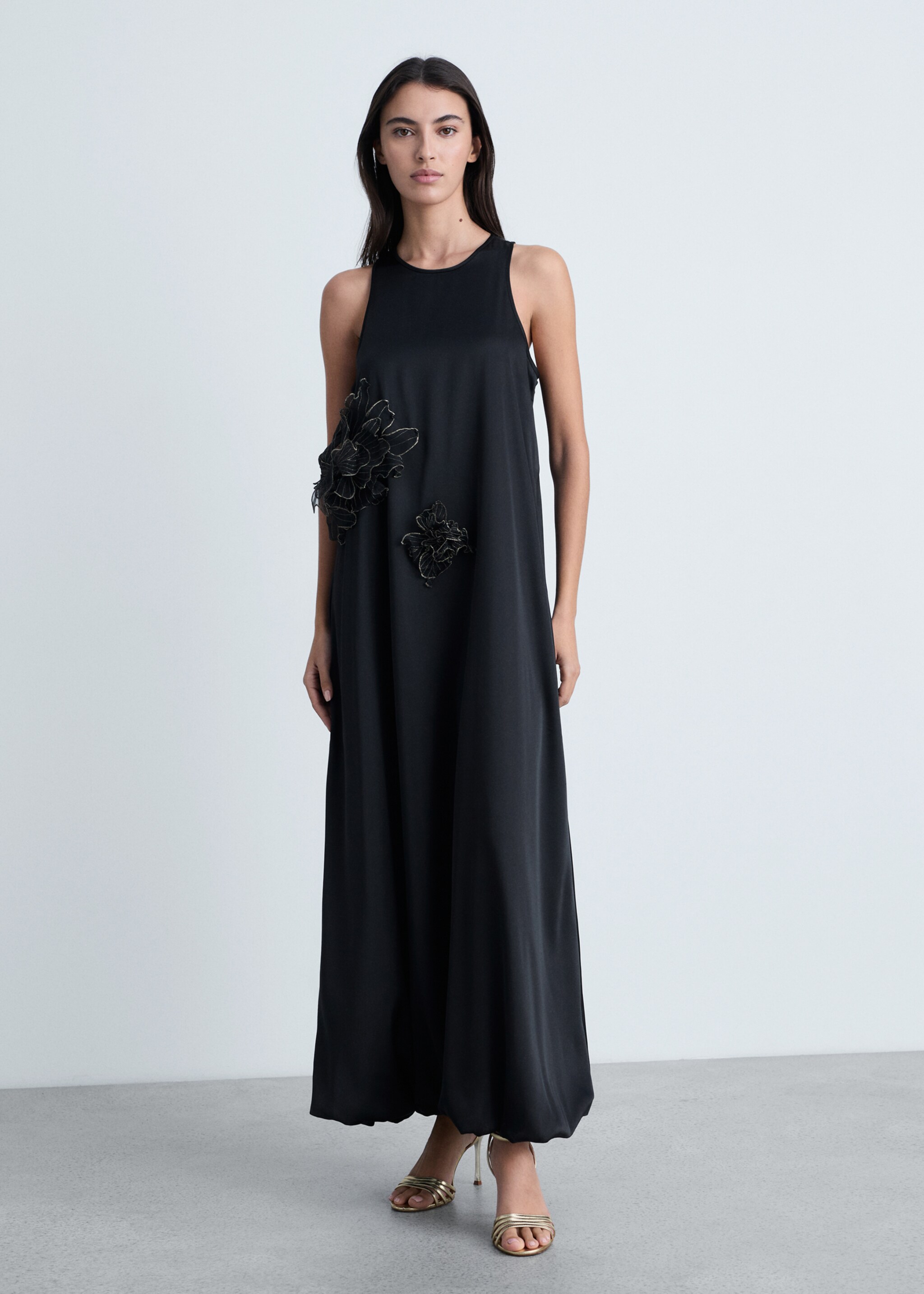Satin maxi-flower dress - General plane, Black. Ref: 87034798-00.