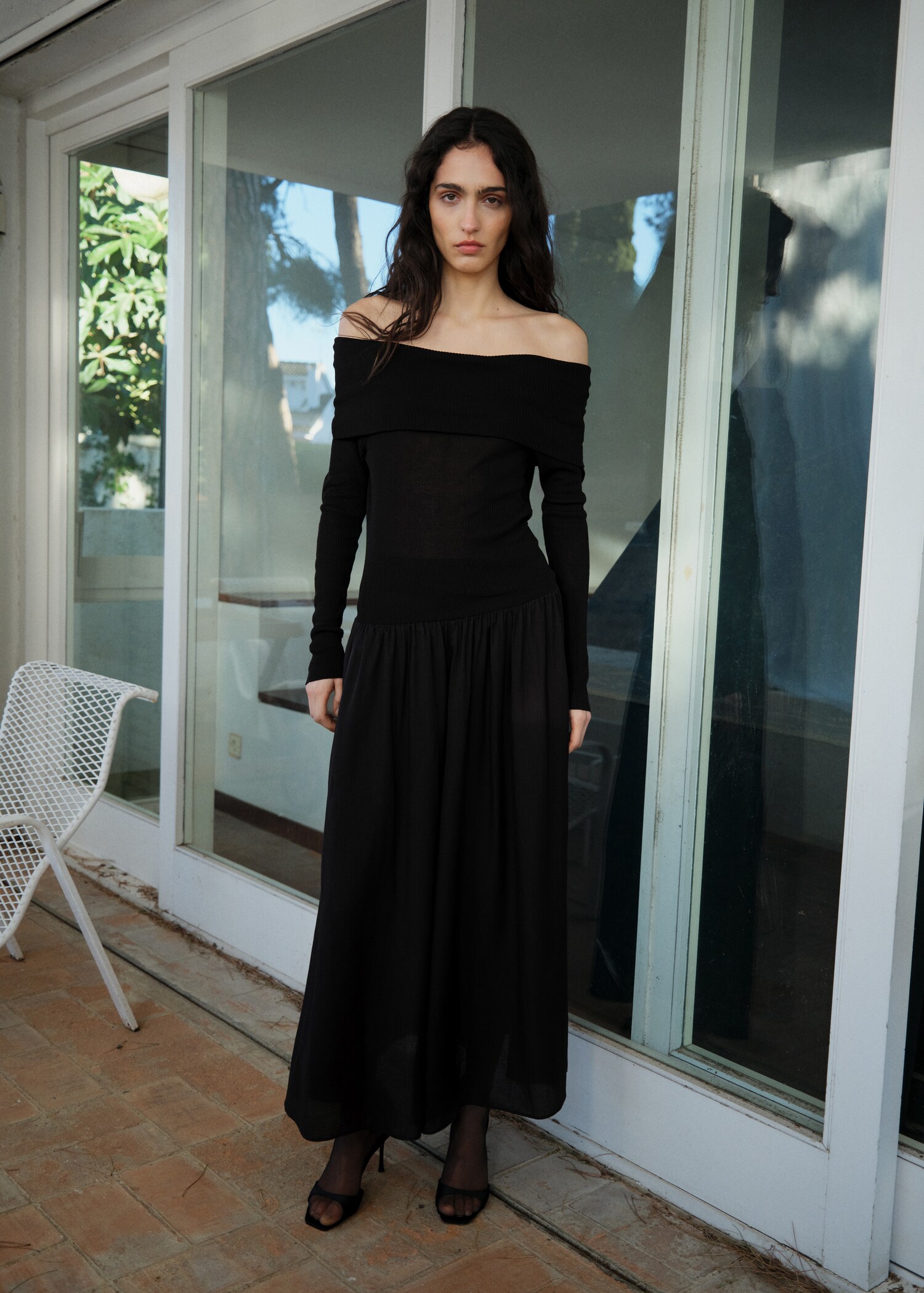 Off-the-shoulder dress in combined fabric - General plane