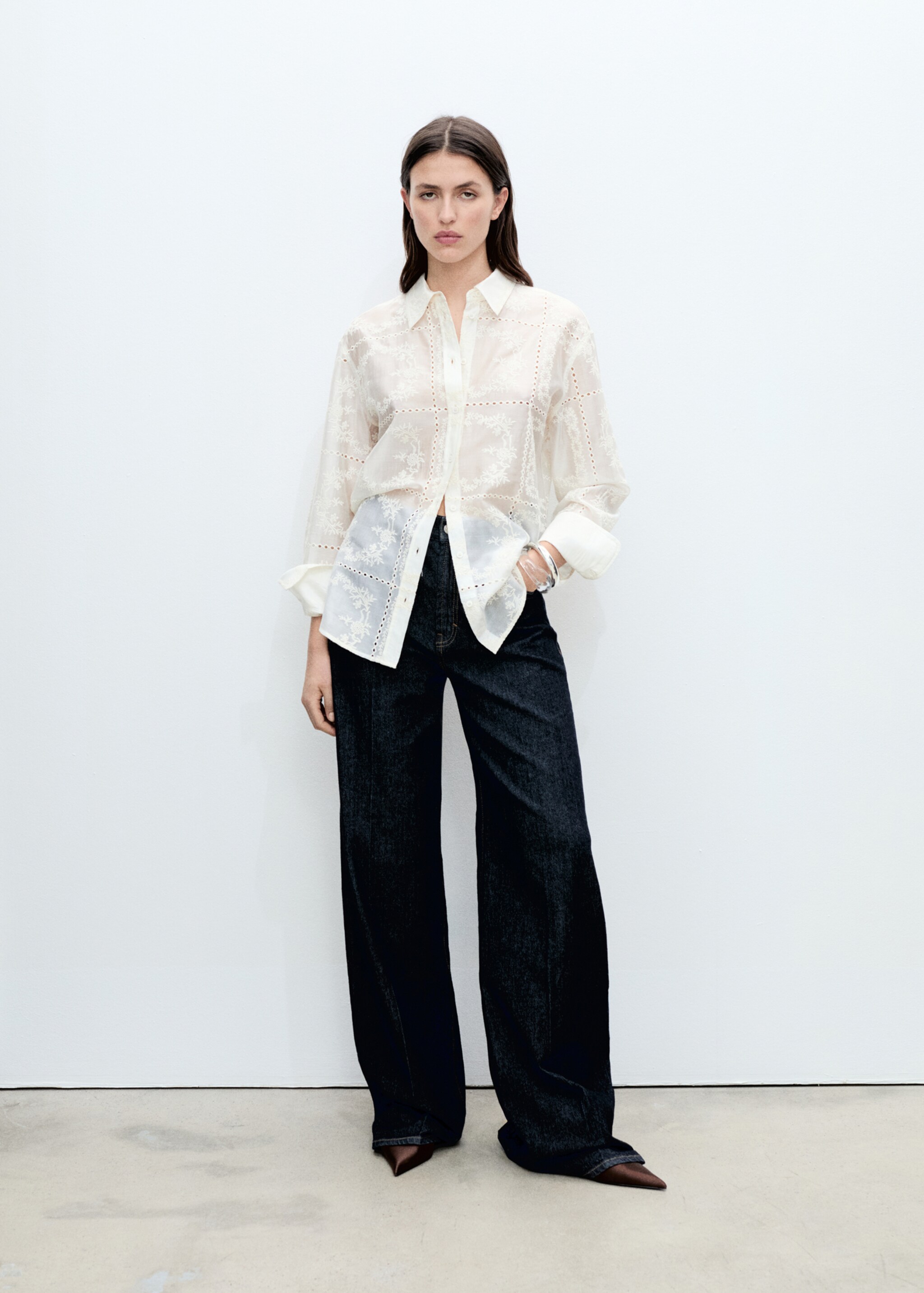 Camisa lyocell bordado flores - Plano general, Crudo. Ref: 87035743-00.