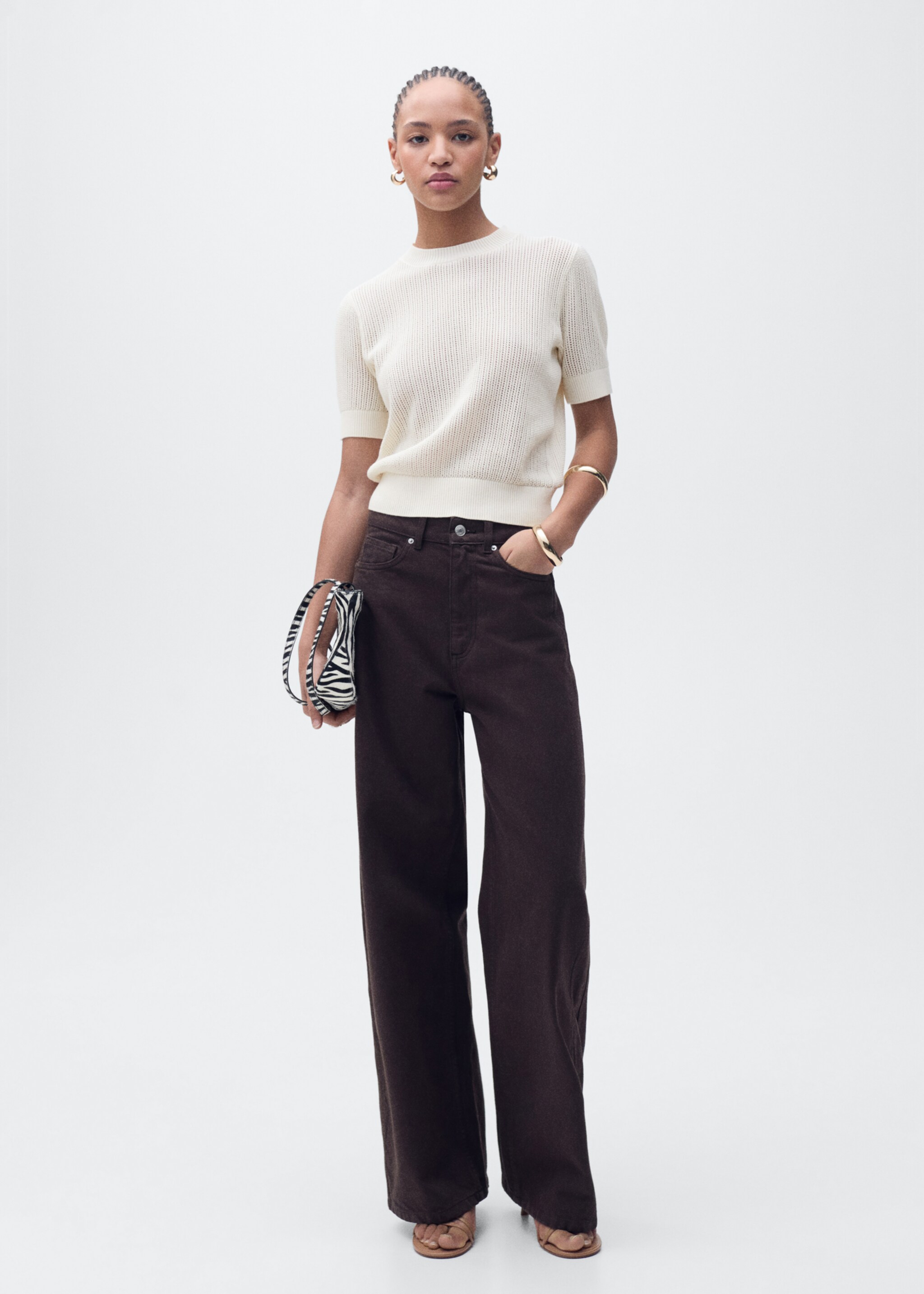 Short-sleeved openwork knitted sweater - General plane, Ecru. Ref: 87035747-00.