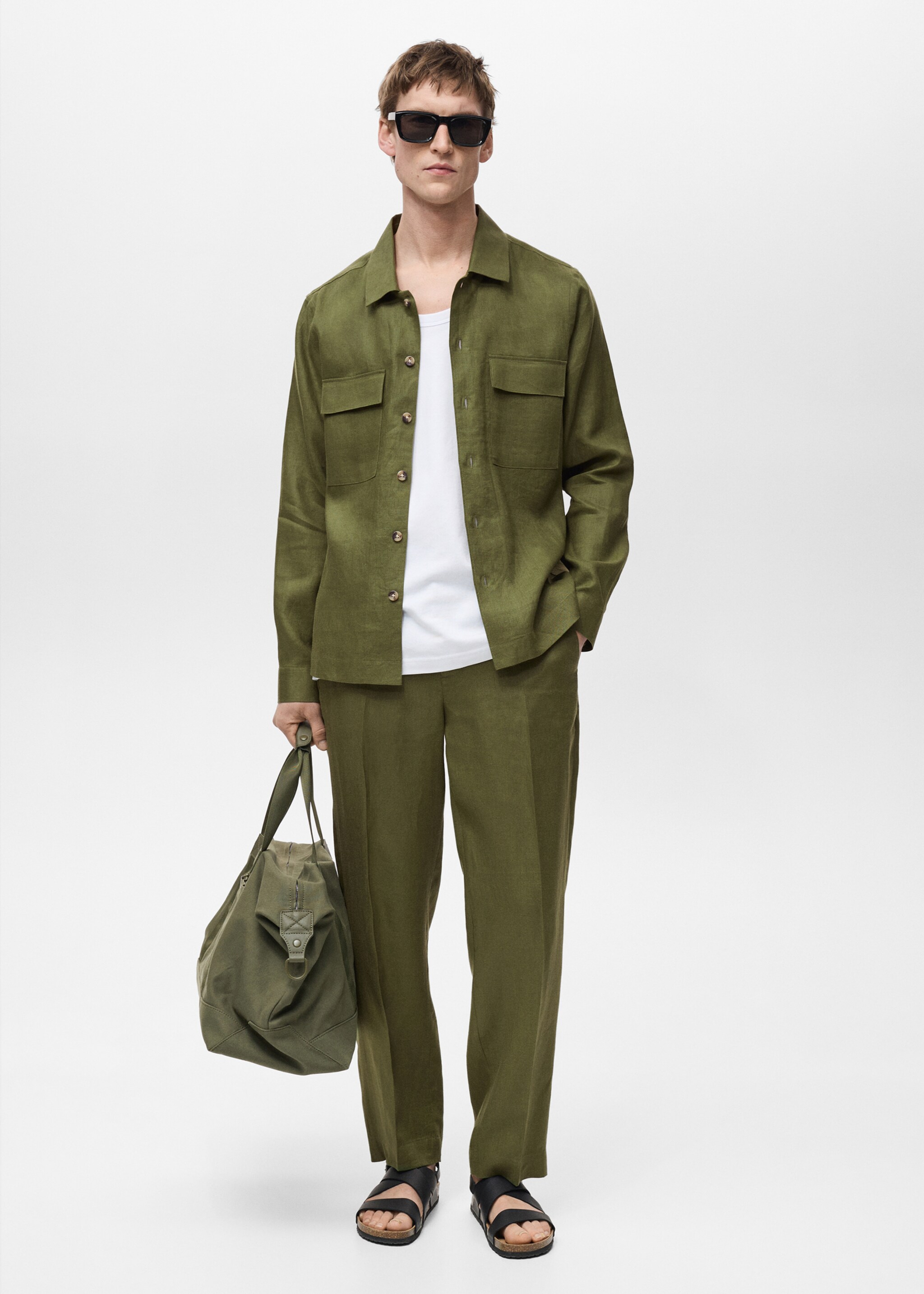 100% linen regular-fit trousers - General plane, Green. Ref: 87035921-00.