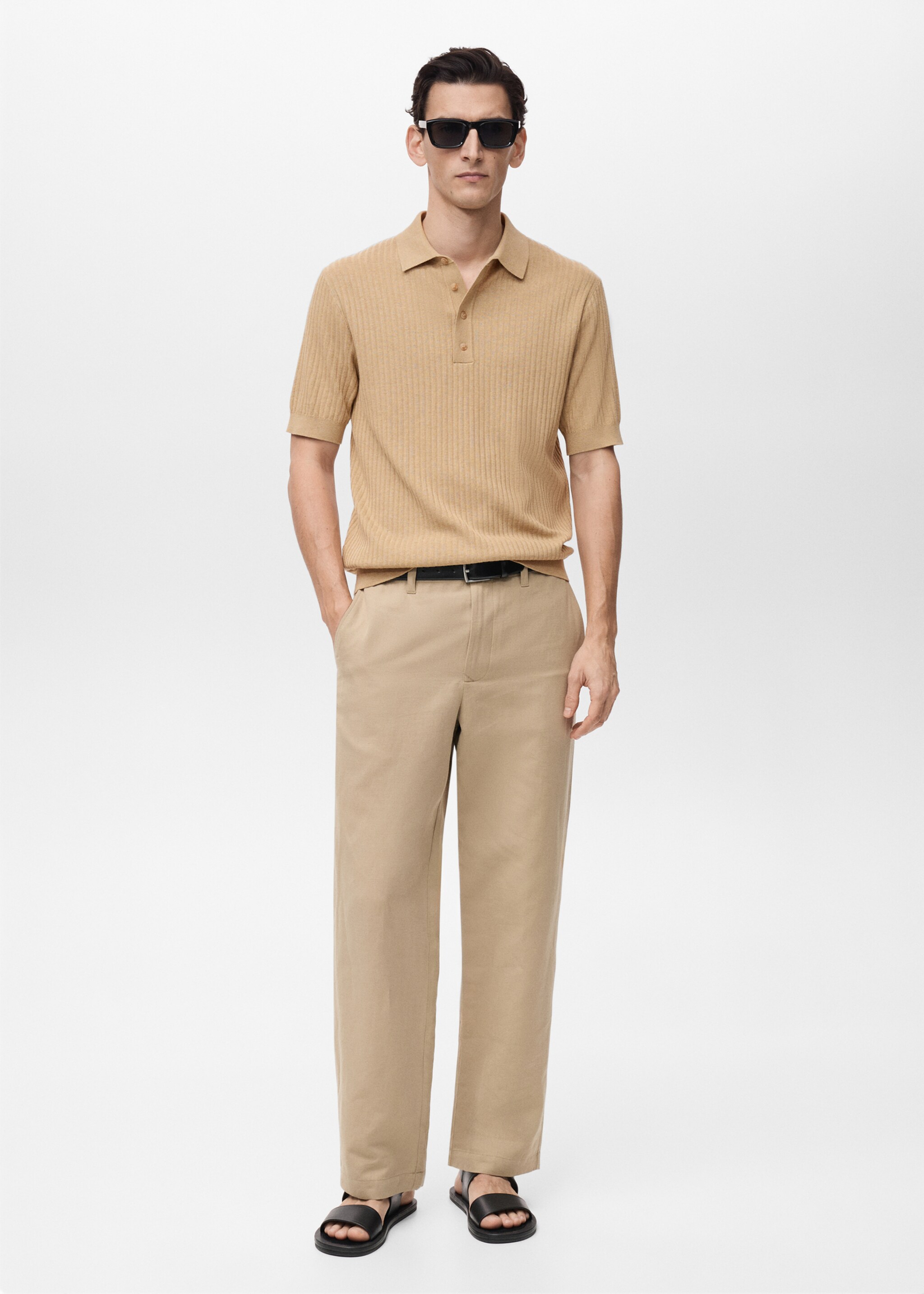 Rib-knit cotton-blend polo shirt - General plane, Beige. Ref: 87035935-00.
