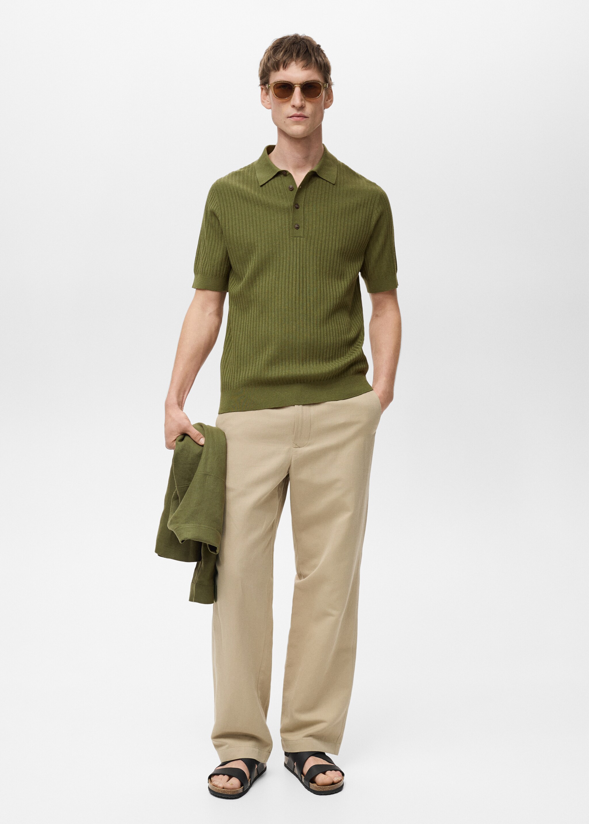 Rib-knit cotton-blend polo shirt - General plane, Green. Ref: 87035935-00.