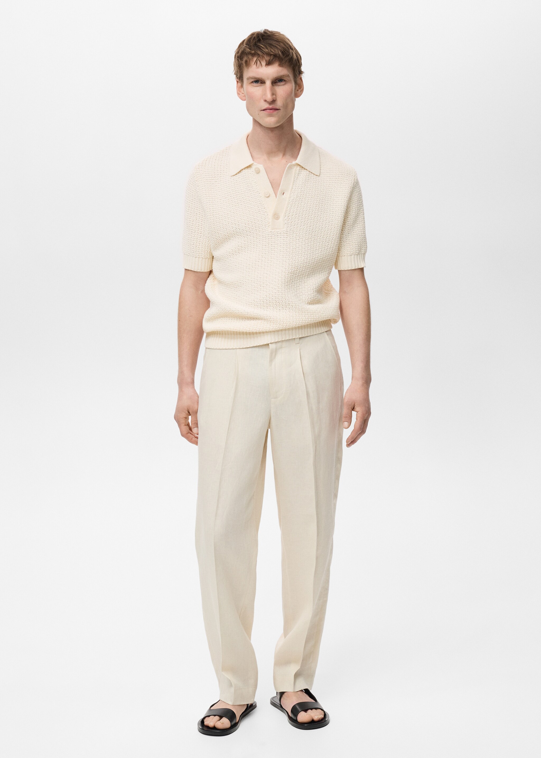 Openwork cotton knitte polo shirt - General plane, Ivory White. Ref: 87035936-00.