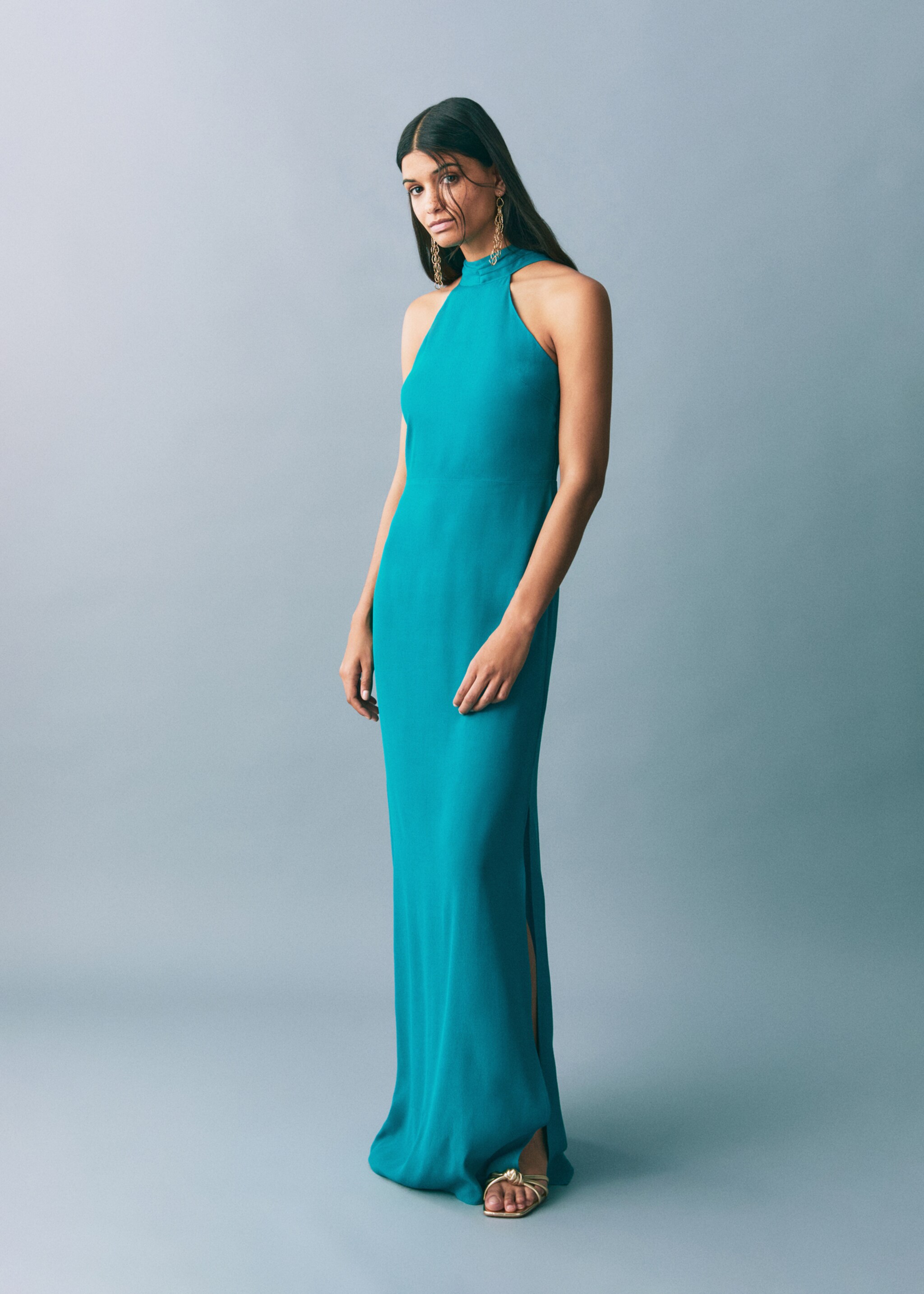 Vestit llarg coll halter - Pla general, Turquesa. Ref: 87036359-00.