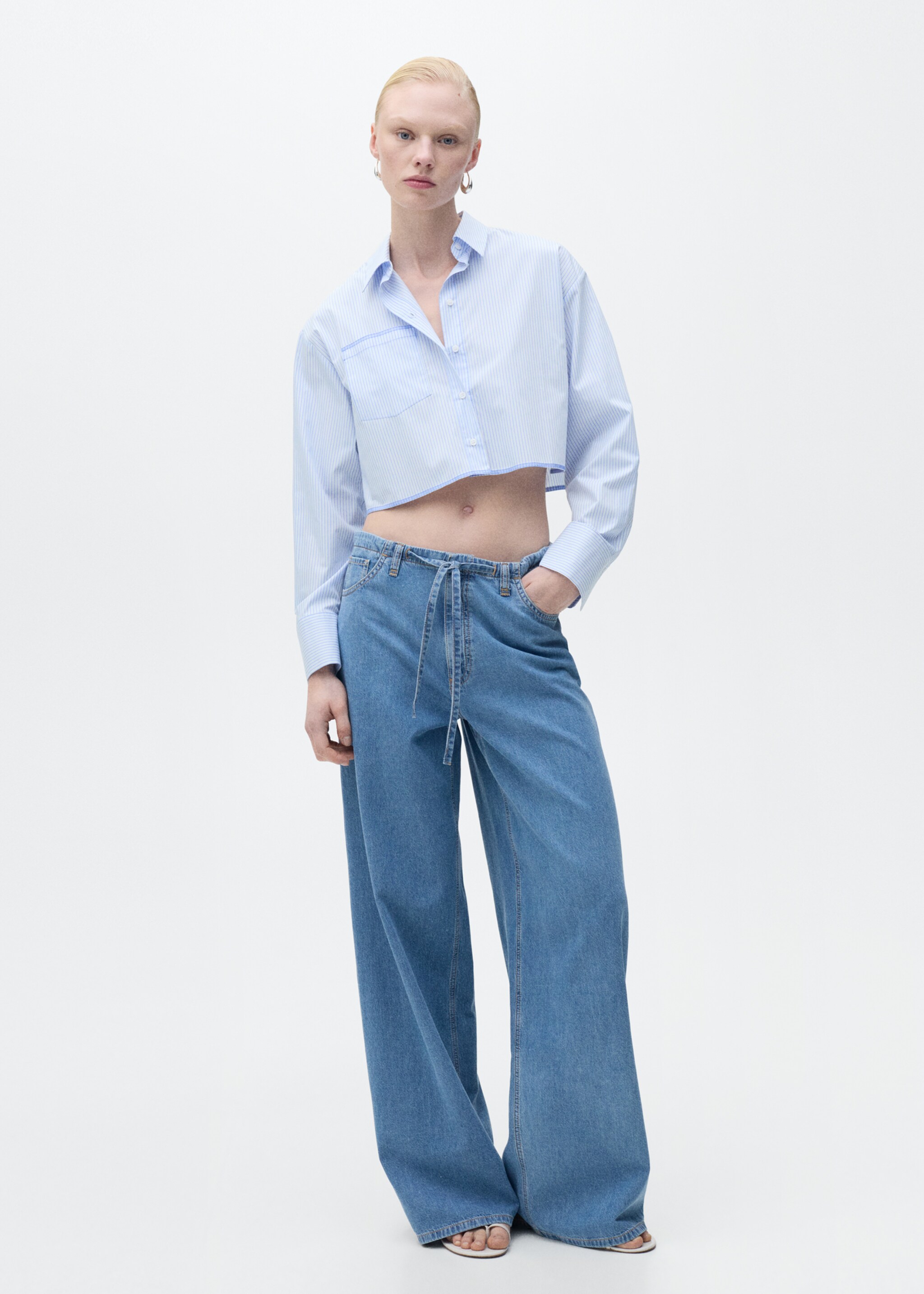 Wide-leg denim trousers with belt - General plane, Medium Blue. Ref: 87037180-00.