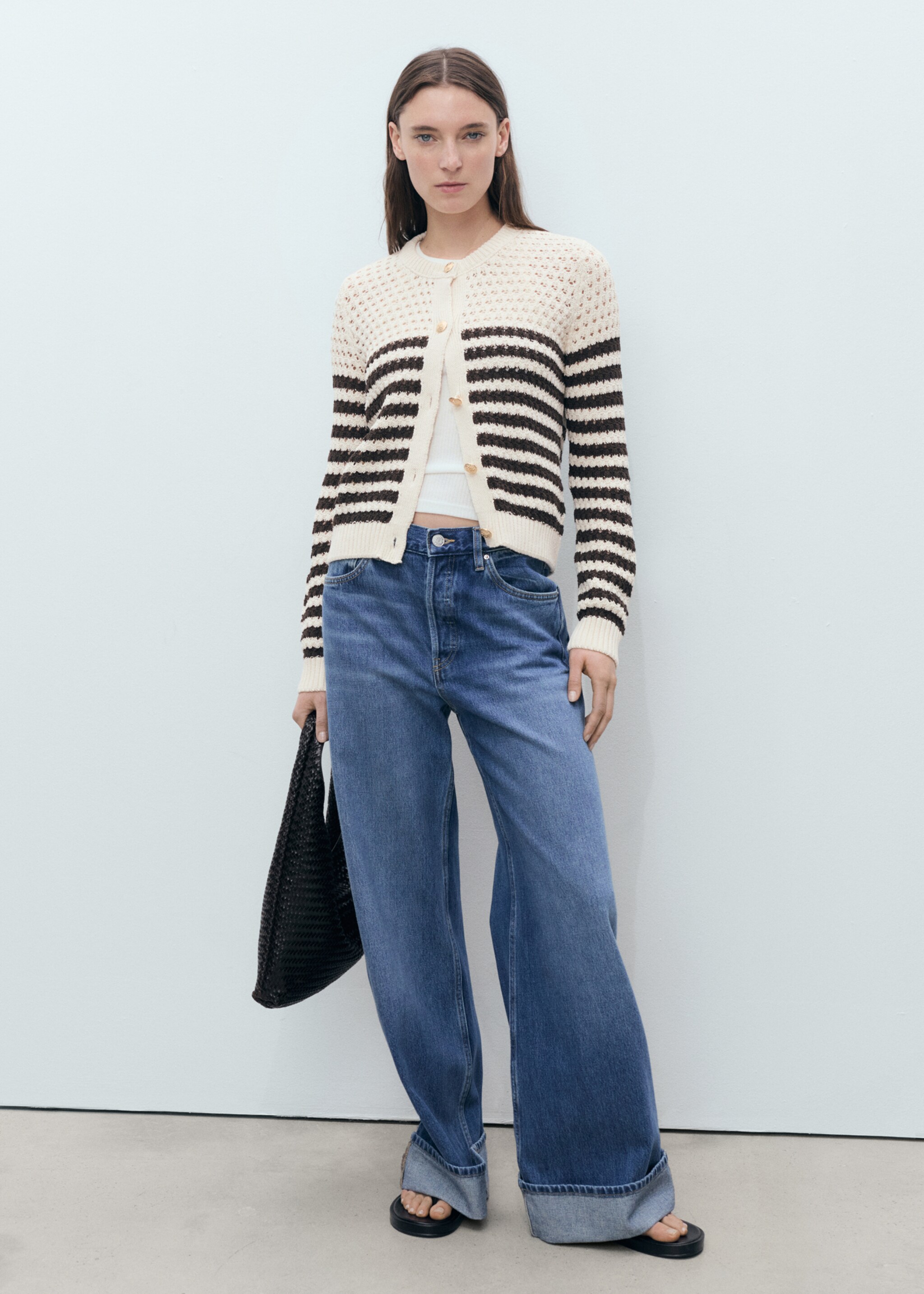 Striped openwork knitted cardigan - General plane, Brown. Ref: 87037191-00.