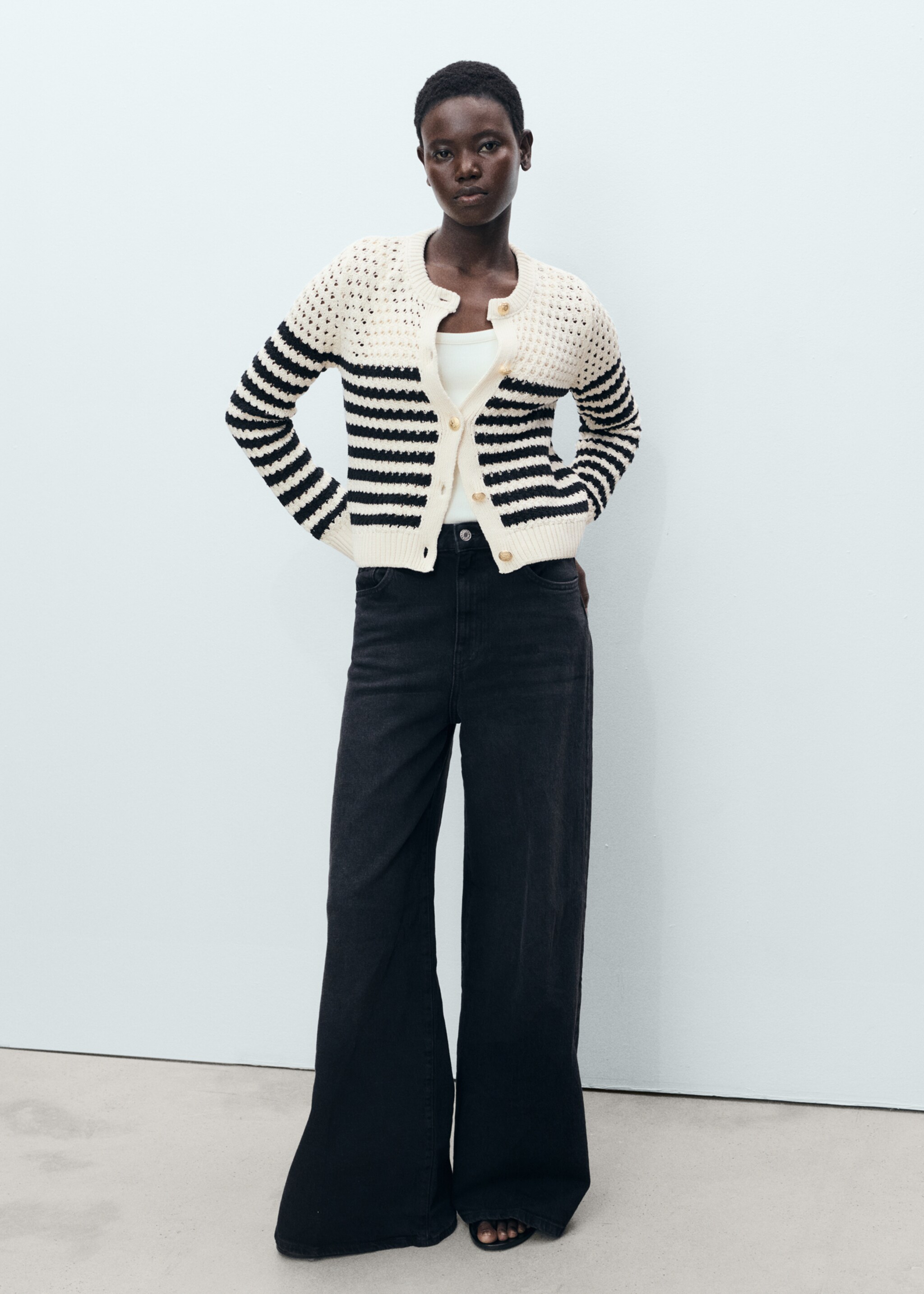 Striped openwork knitted cardigan - General plane, Navy. Ref: 87037191-00.