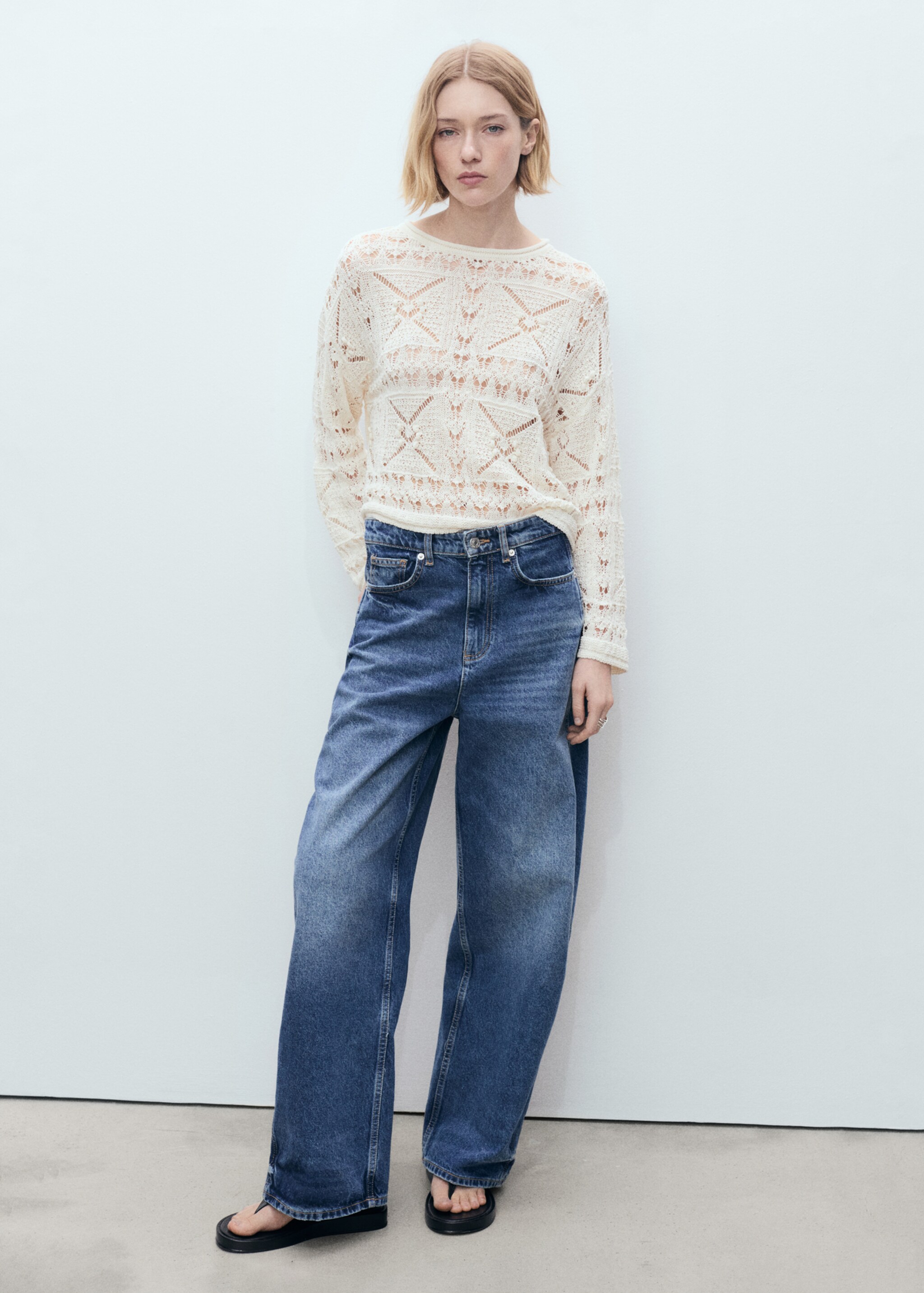 Oversized openwork knitted sweater - General plane, Ecru. Ref: 87037192-00.