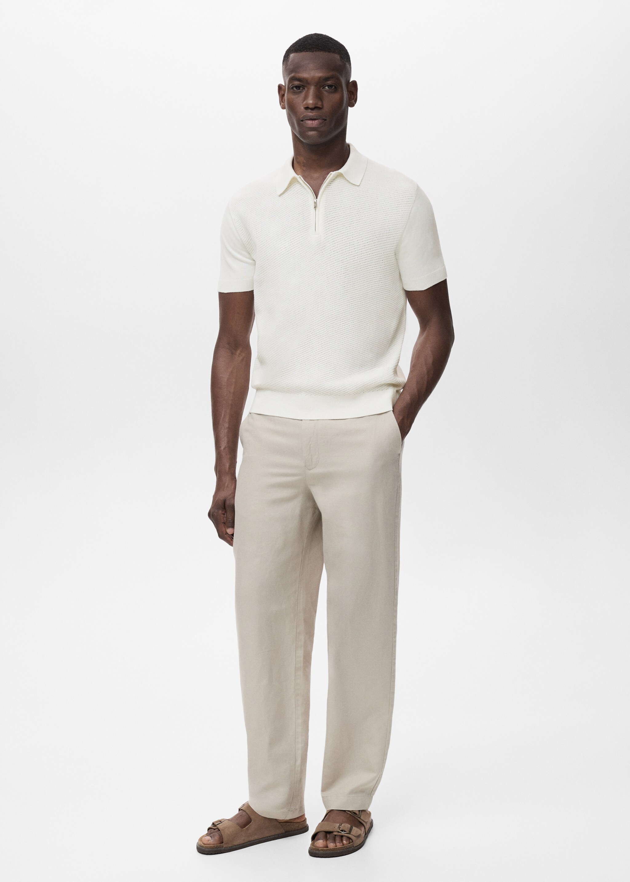 Openwork knitted polo shirt with zip - General plane, Ecru. Ref: 87037899-00.