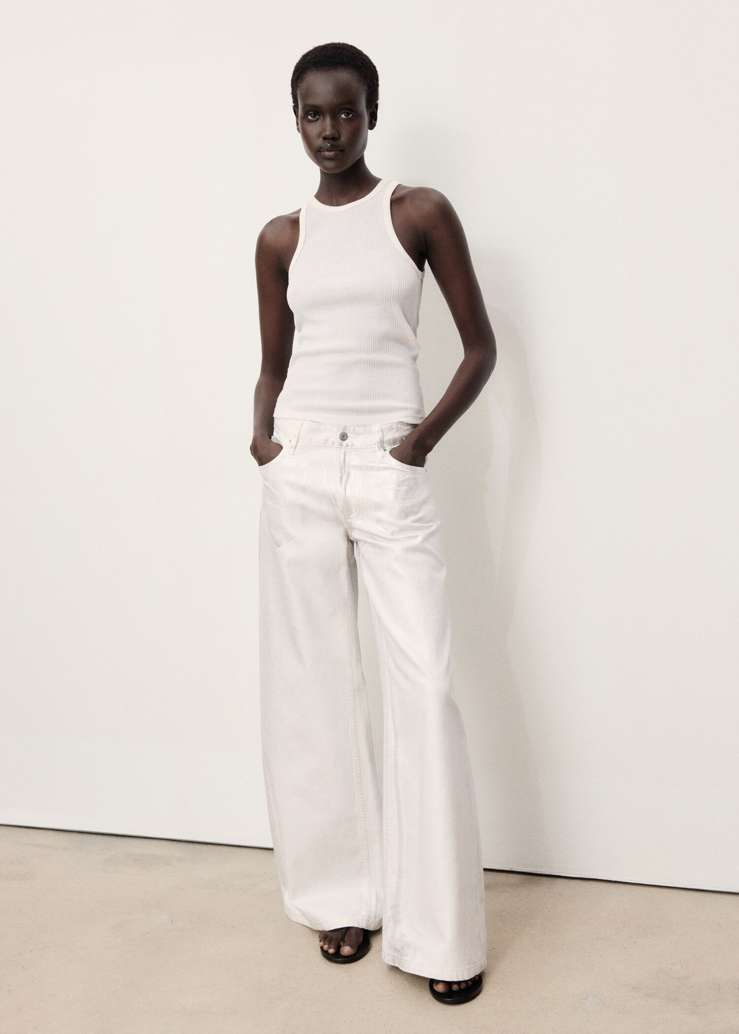 Metallic-finish wide leg jeans - General plane