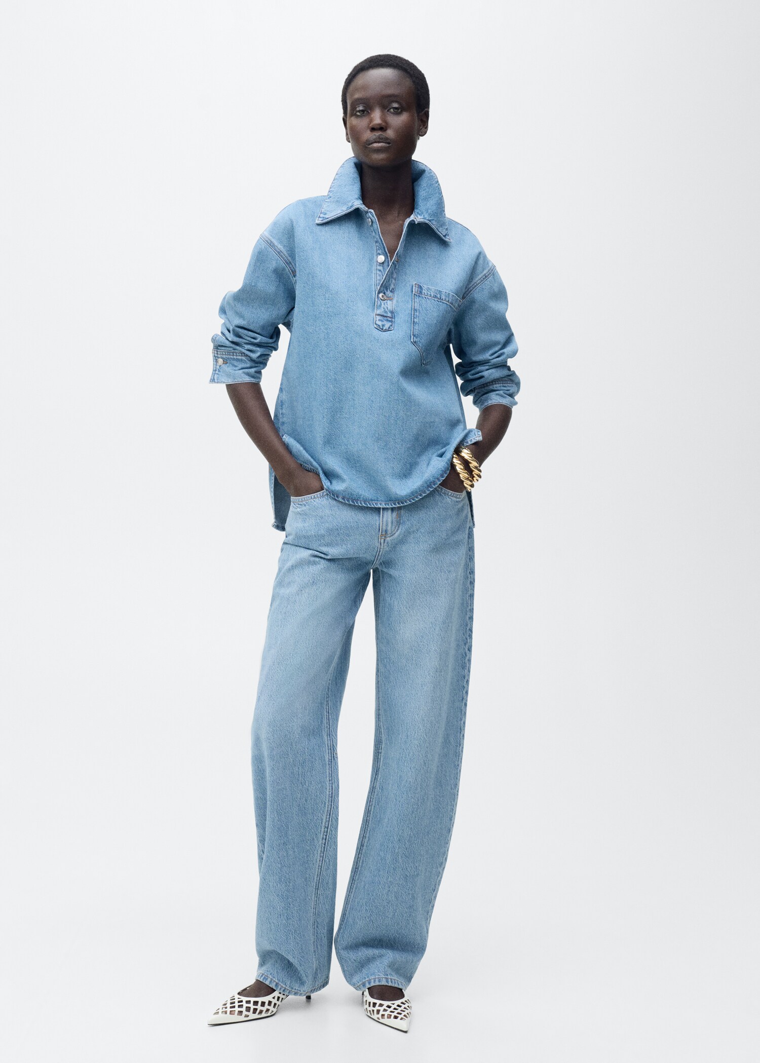 Denim blouse met borstzak - Overzichtstekening