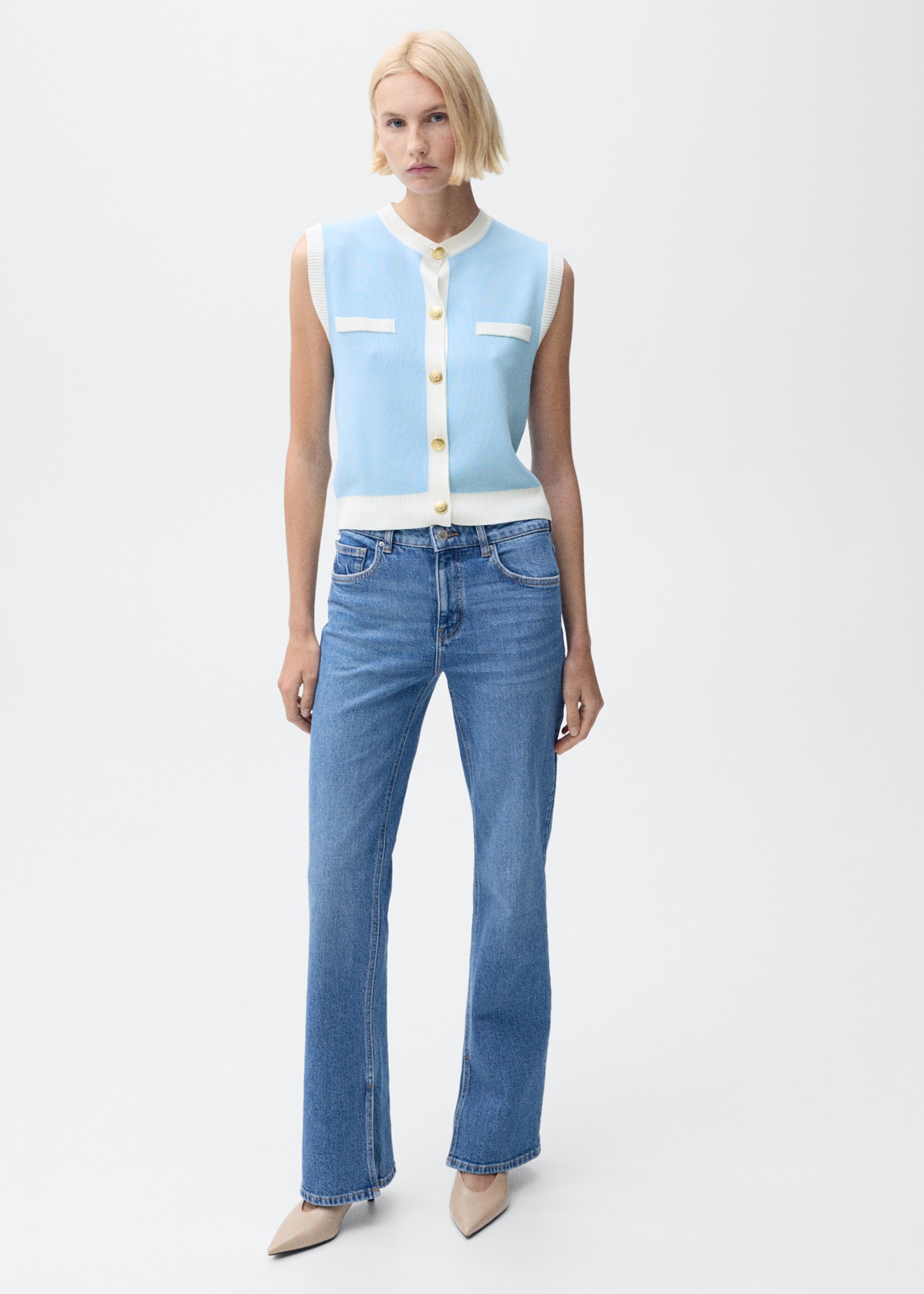 Gilet maille liserés contrastants - Plan général, Turquoise. Ref: 87045763-00.