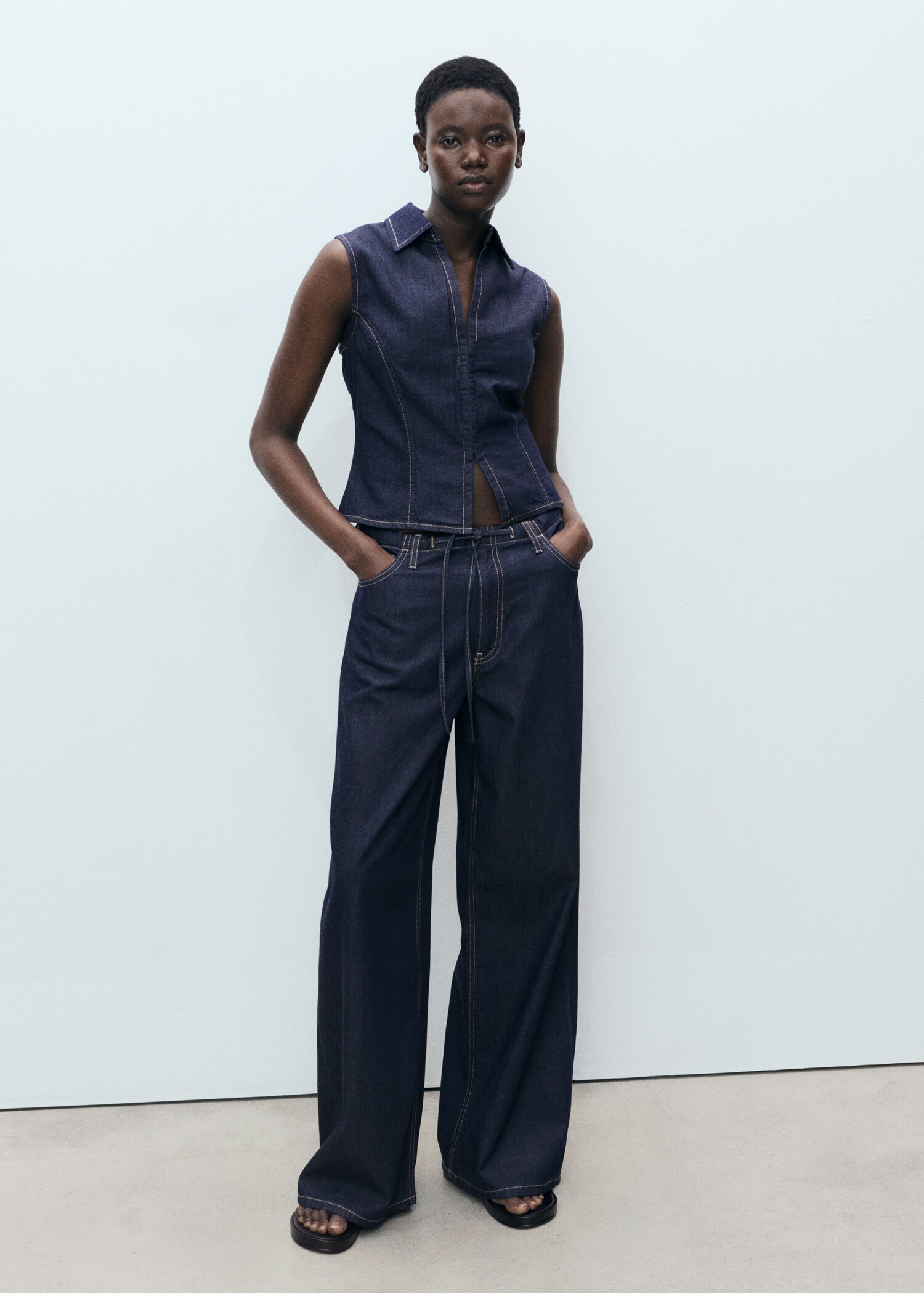 Wide-leg denim trousers with belt - General plane