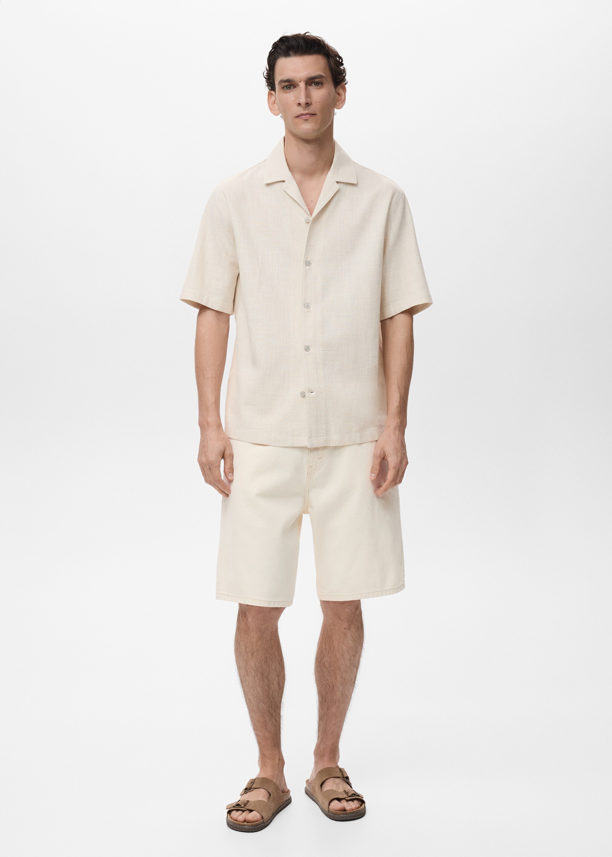 Slim Fit-Hemd aus Baumwolle mit Leinen - Allgemeine Ansicht, Elfenbeinweiß. Ref: 87049217-00.