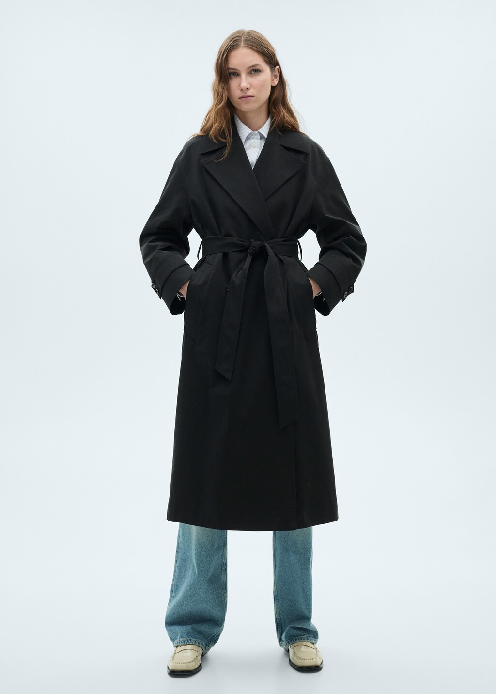 Long oversized double-breasted trench coat - Women | MANGO OUTLET USA