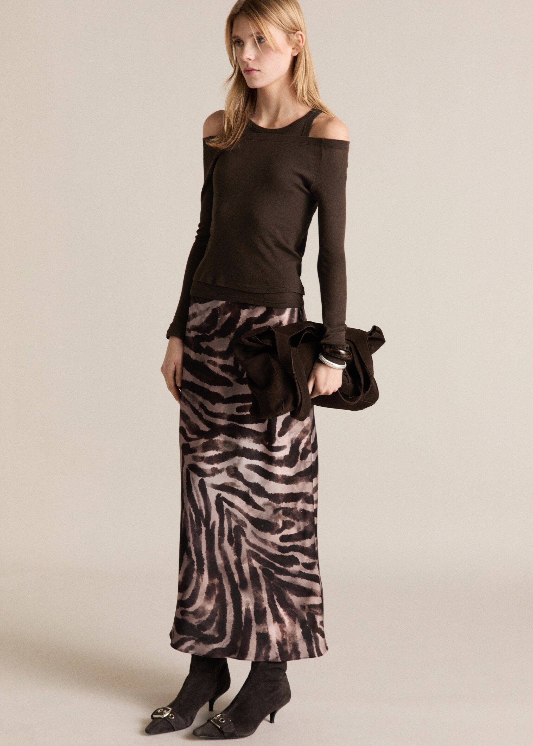 Long satin zebra skirt - General plane, Brown. Ref: 87054093-00.
