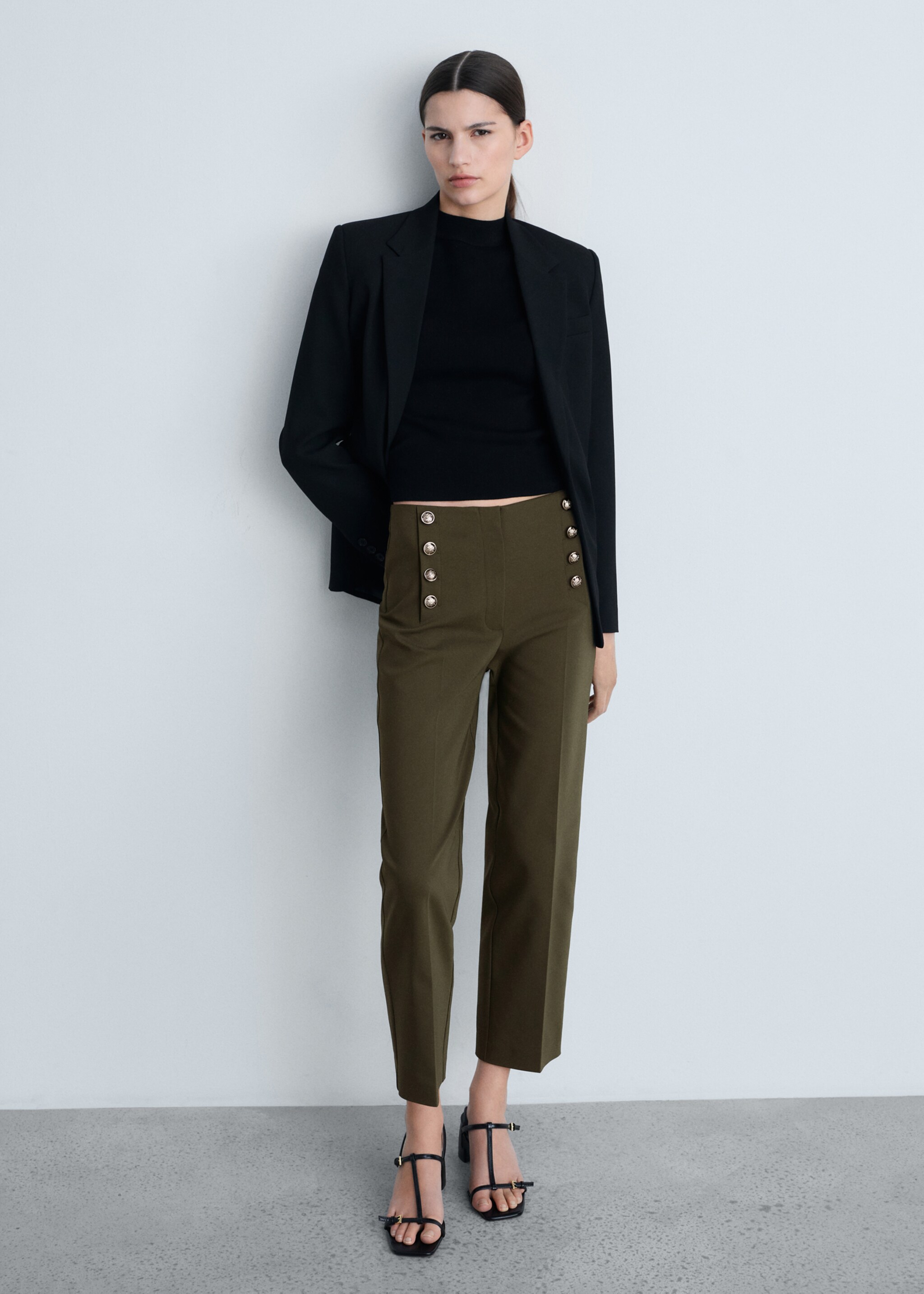 Rechte broek met sieraadknopen - Overzichtstekening, Kaki. Ref: 87054801-00.