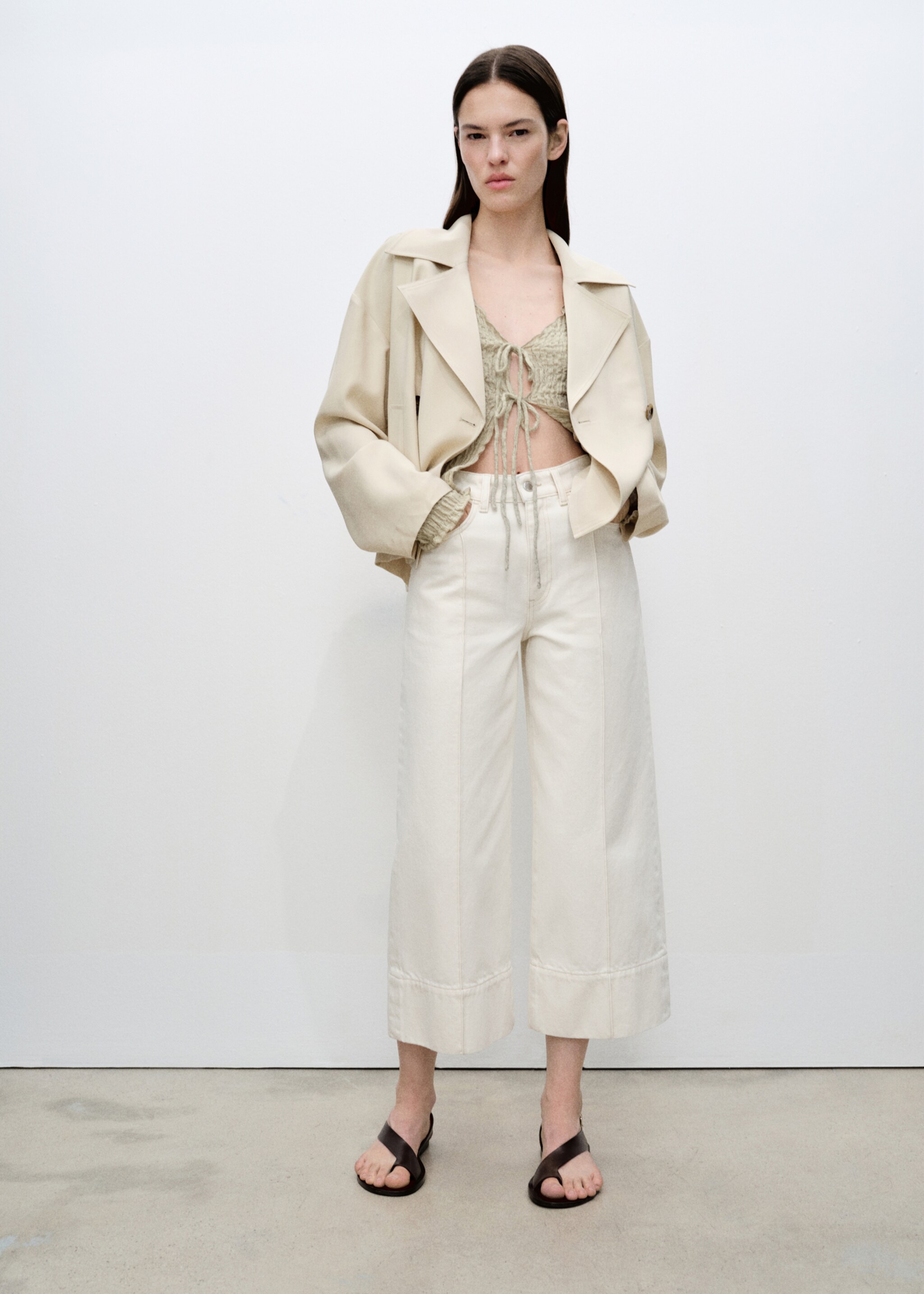 Cropped wideleg jeans med sømmer - Total bildeutsnitt, Ecru. Ref: 87055768-00.