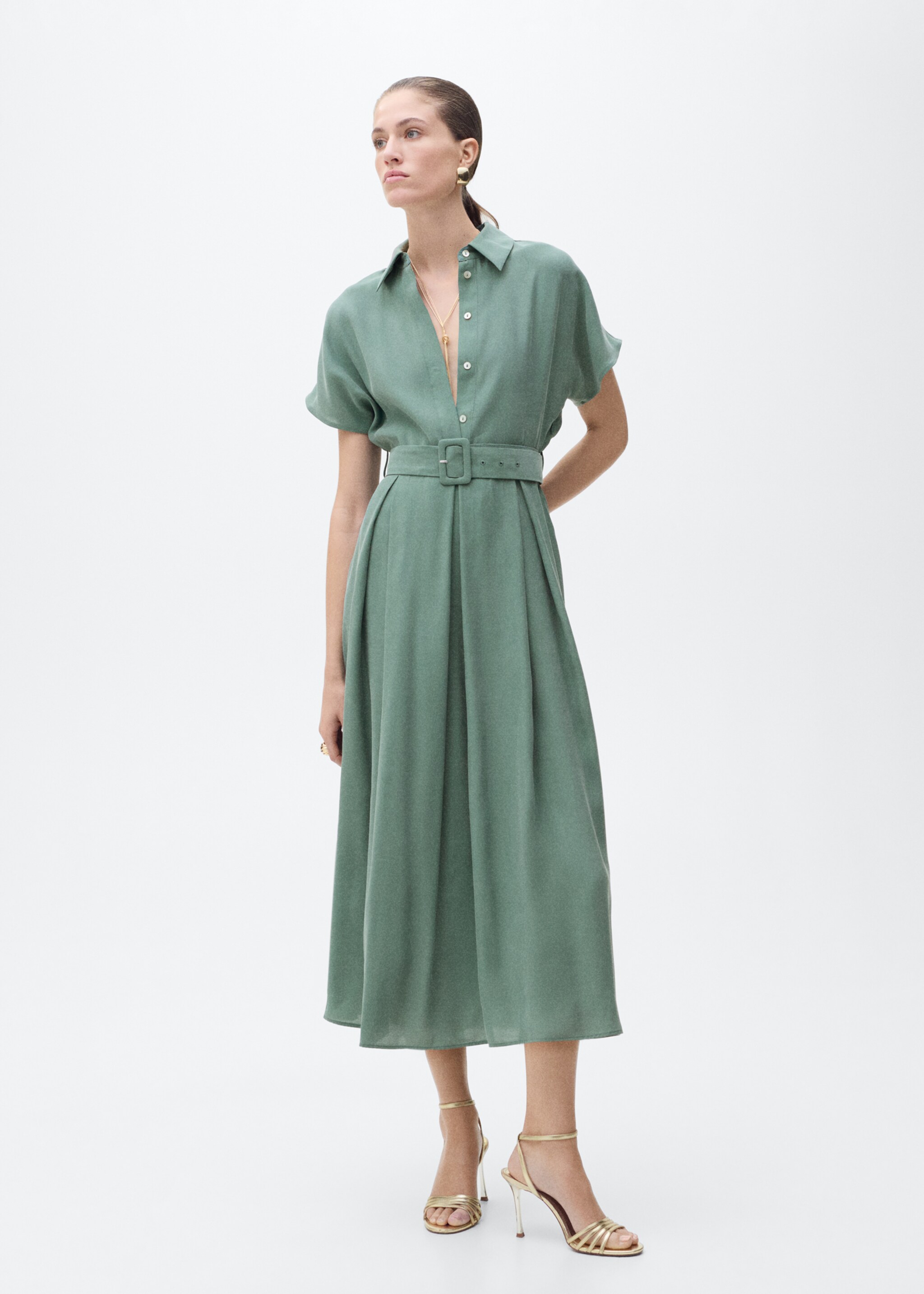 Vestido midi evasé cinturón - Plano general, Verde. Ref: 87057173-00.
