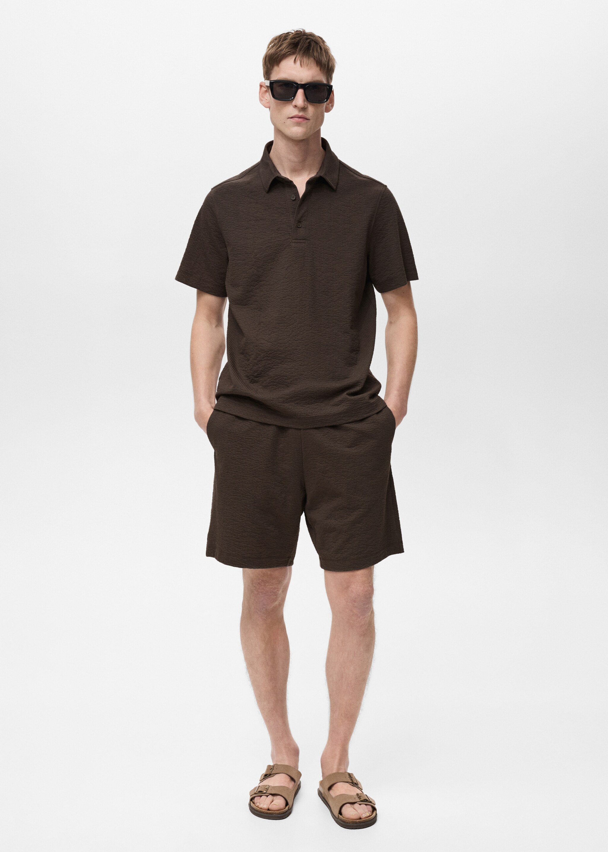 Seersucker shorts with drawstring - General plane, Chocolate. Ref: 87057895-00.