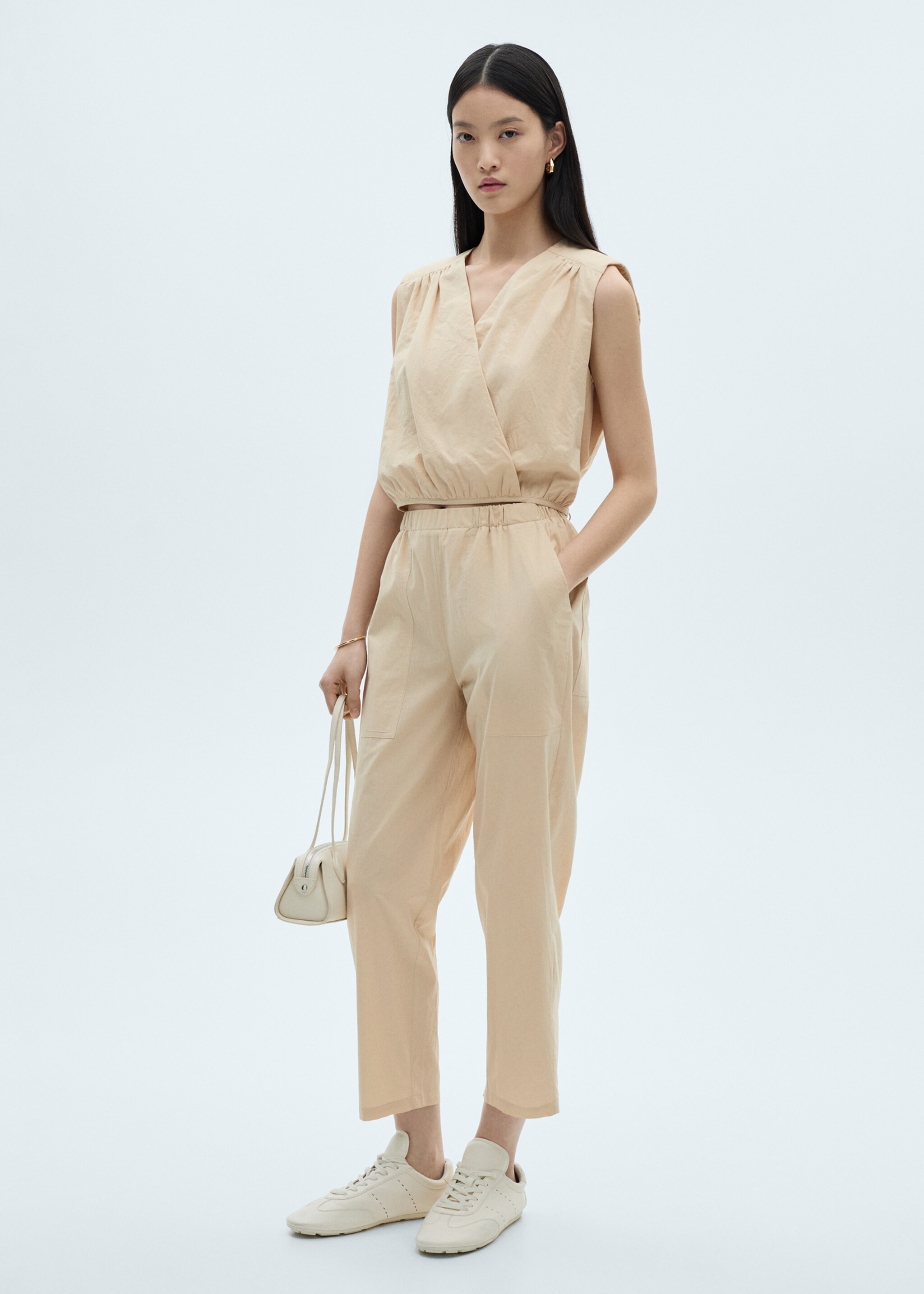 Blouse coton détails froncés - Plan général, Beige. Ref: 87060578-00.