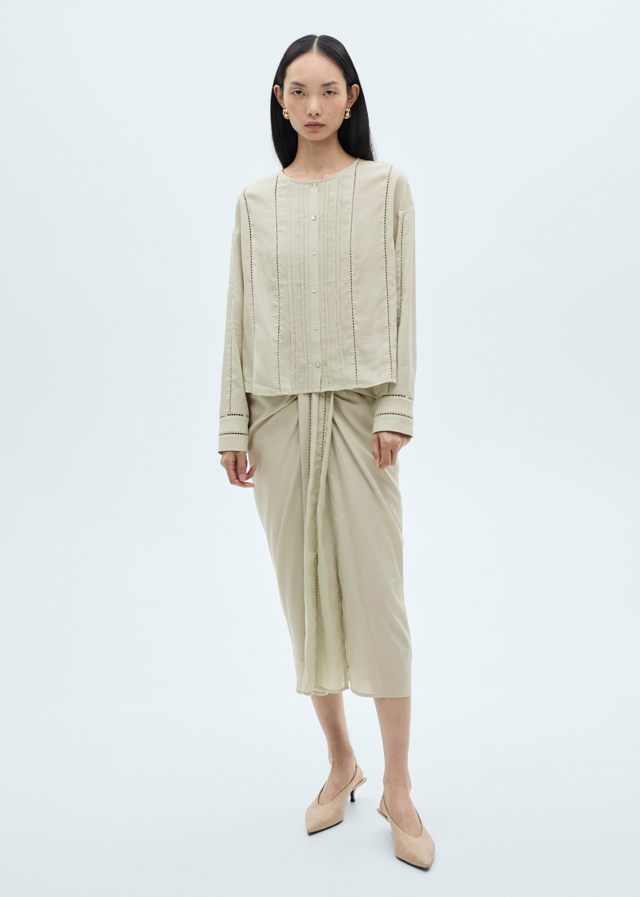 Lyocell blouse with openwork details - General plane, Aqua Green. Ref: 87060596-00.