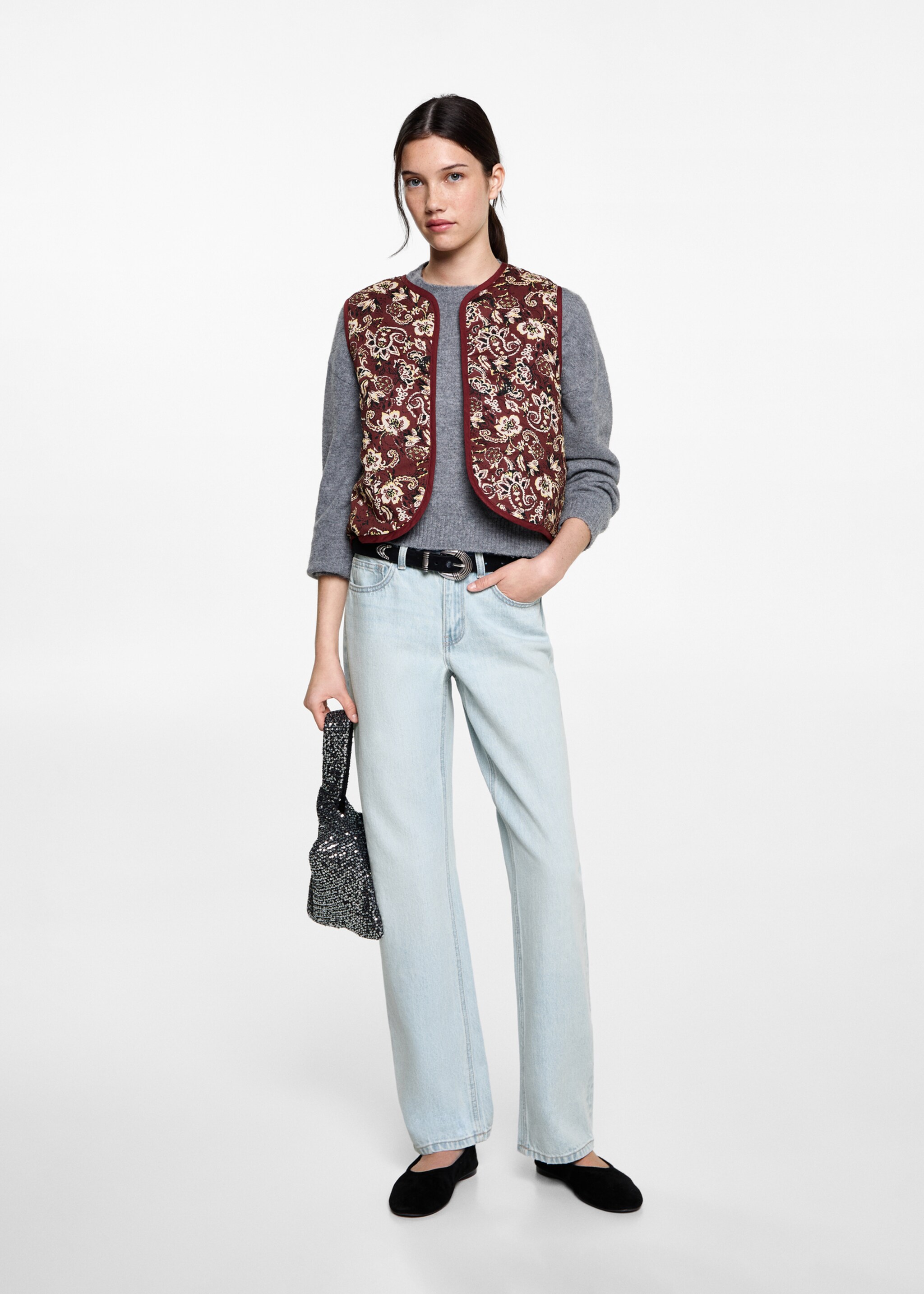 Cropped printed gilet - General plane, Maroon. Ref: 87061513-00.