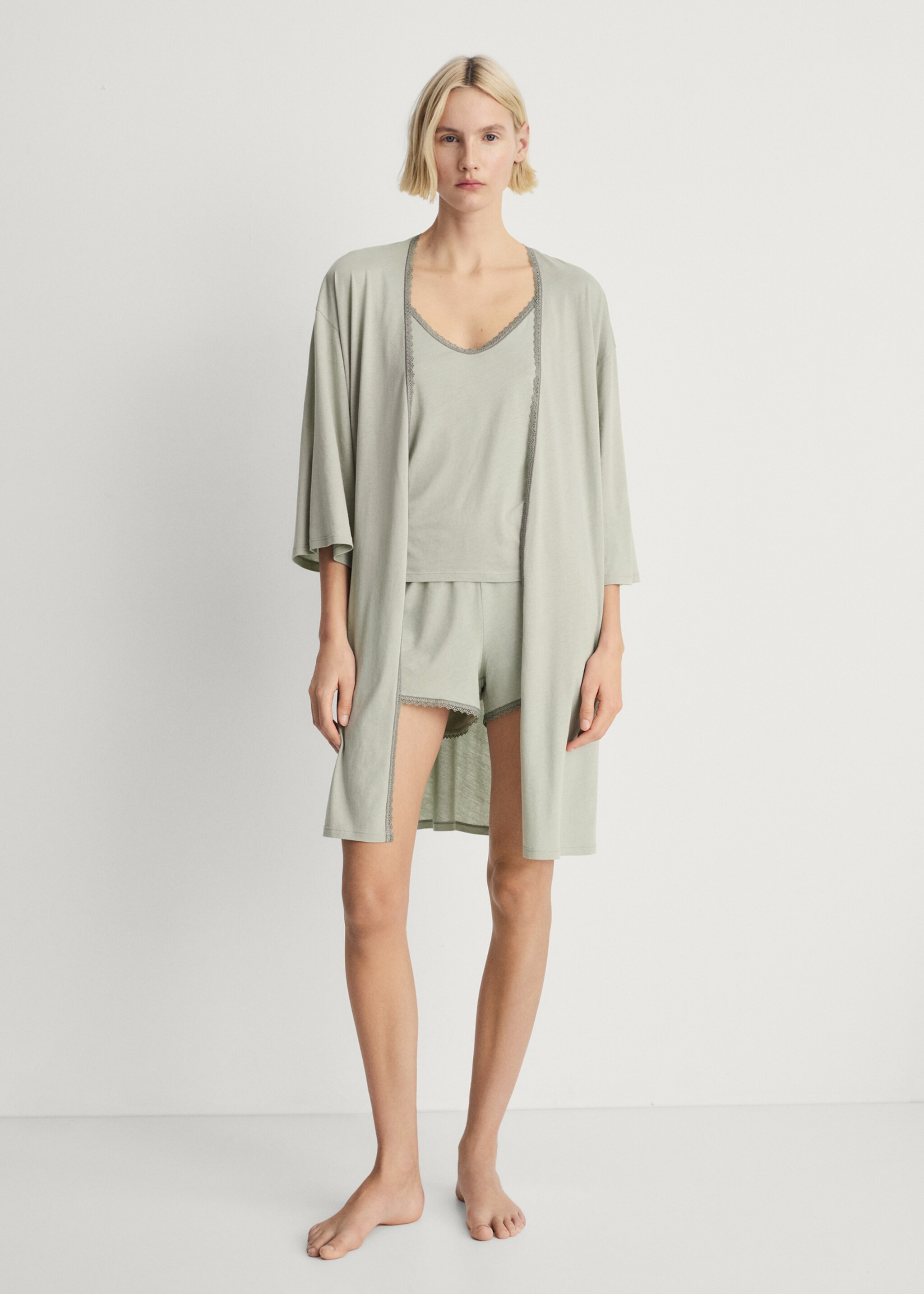 Cotton robe with contrasting lace - General plane, Aqua Green. Ref: 87062938-00.