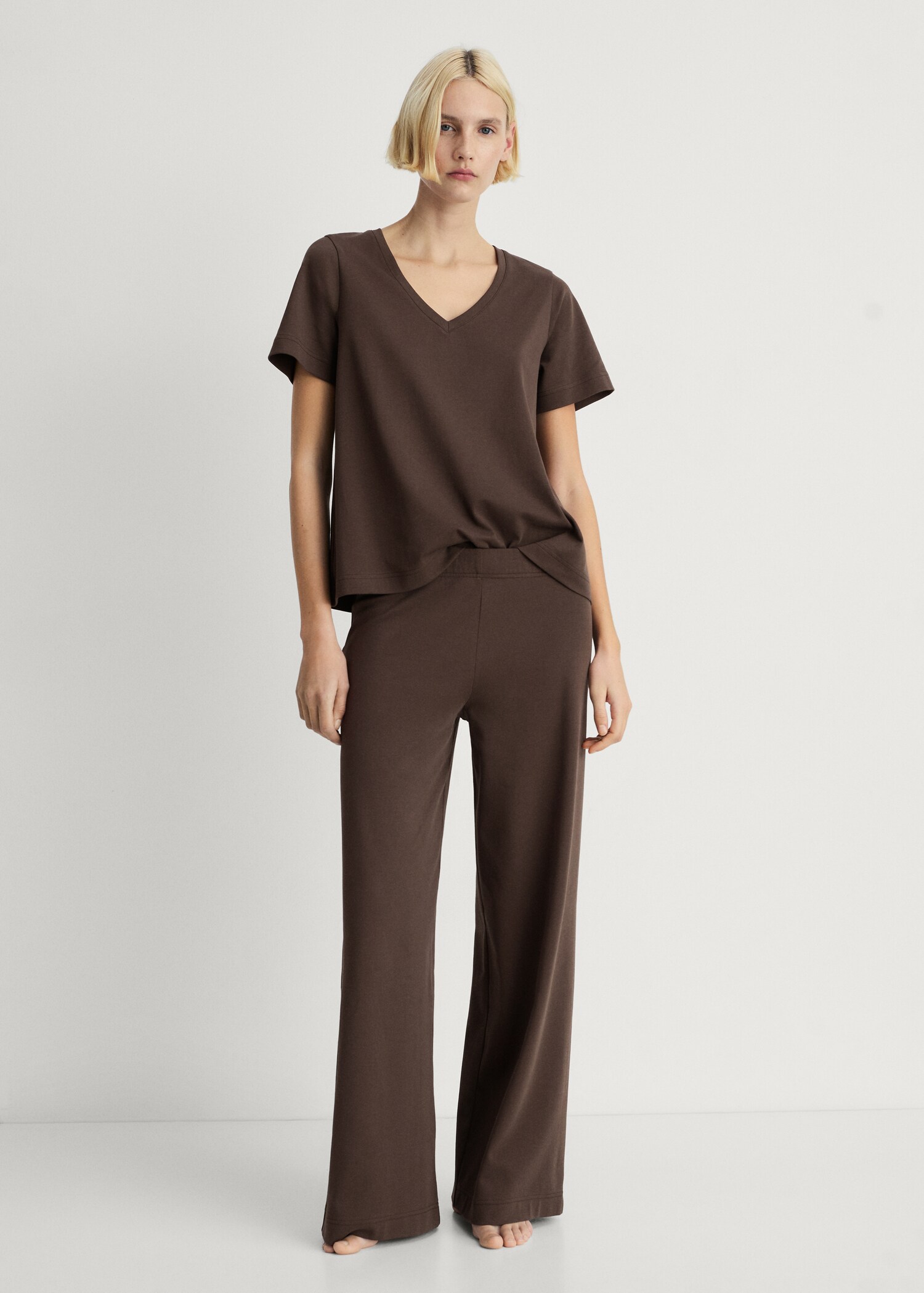 Bavlněné pyžamové tričko s výstřihem do V a jednobarevným designem - Celkový náhled