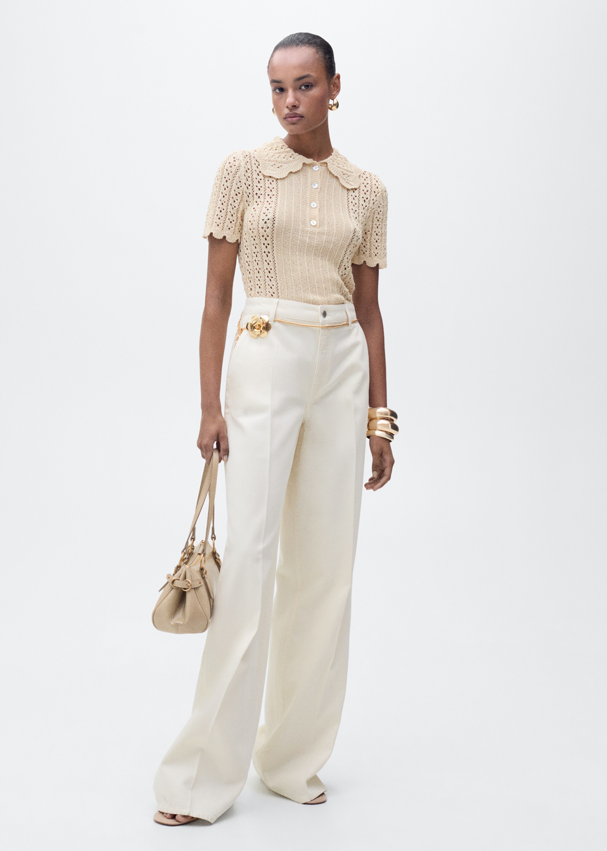 Openwork knitted polo-neck sweater - General plane, Beige. Ref: 87065767-00.