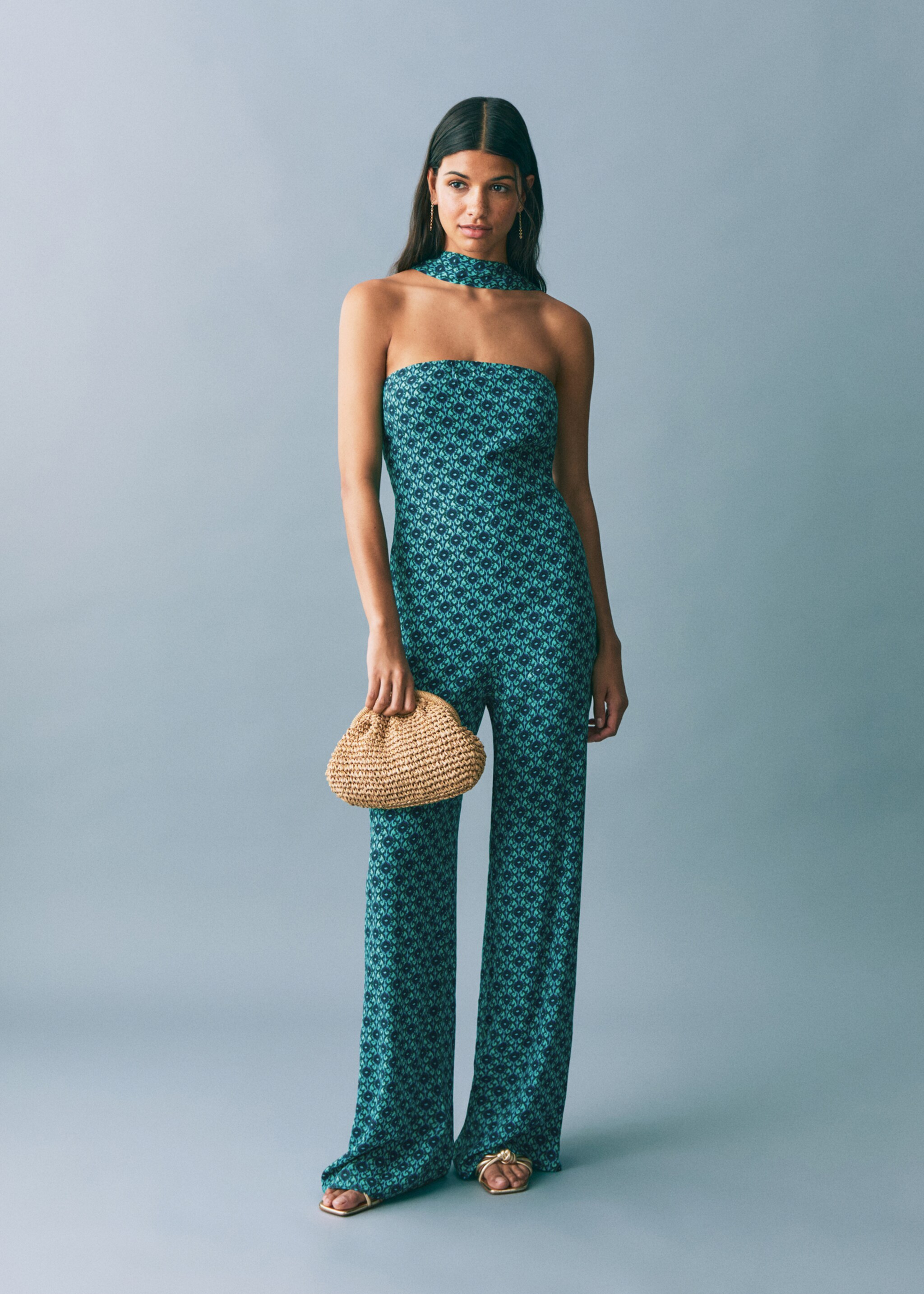 Printed jumpsuit with bow - General plane, Turquoise. Ref: 87066356-00.