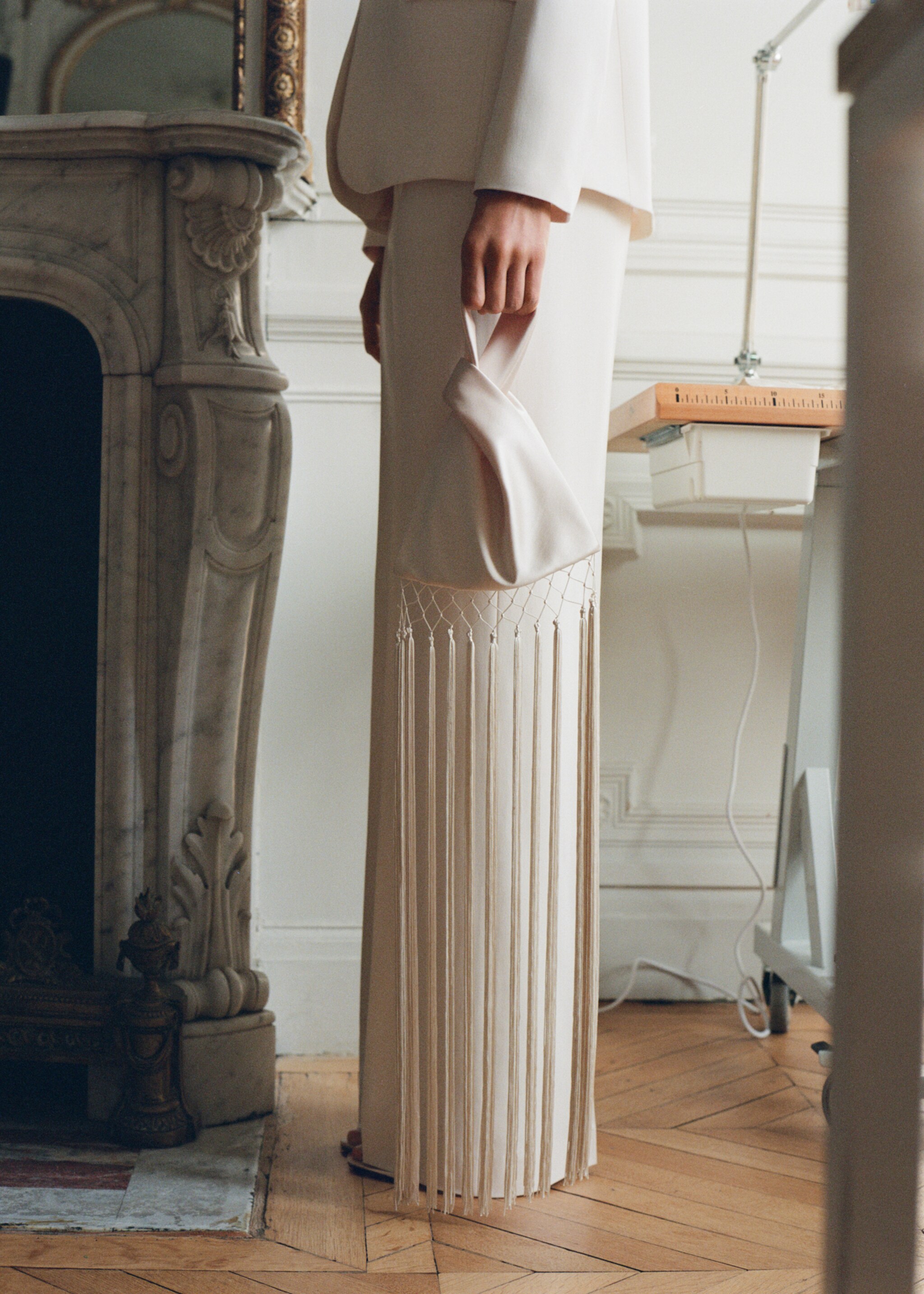 Satin handbag with fringed trim - General plane, Ecru. Ref: 87066364-00.